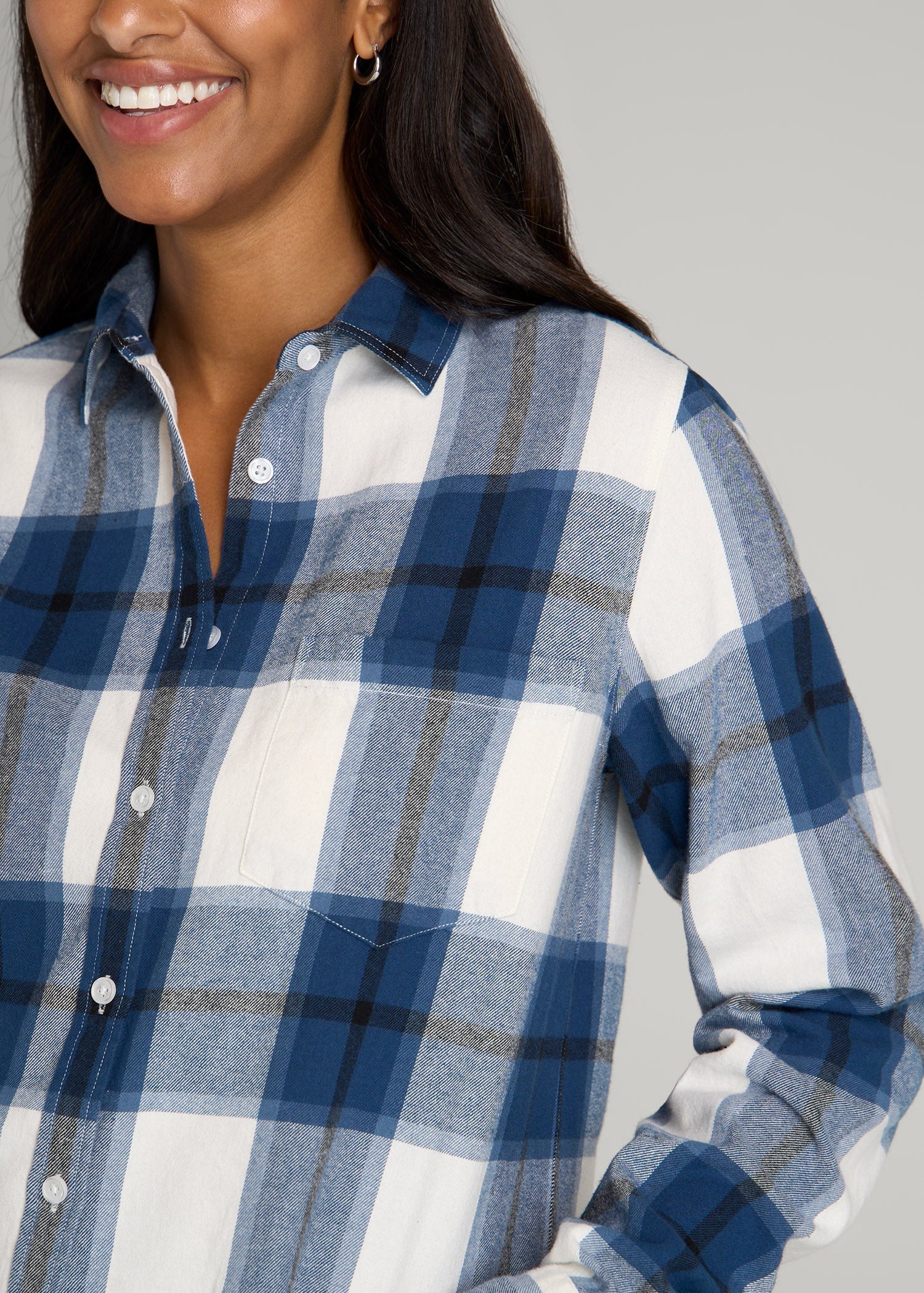 American Tall Outlet | Flannel Button-Up Shirt for Tall Women in Ocean Blue and White