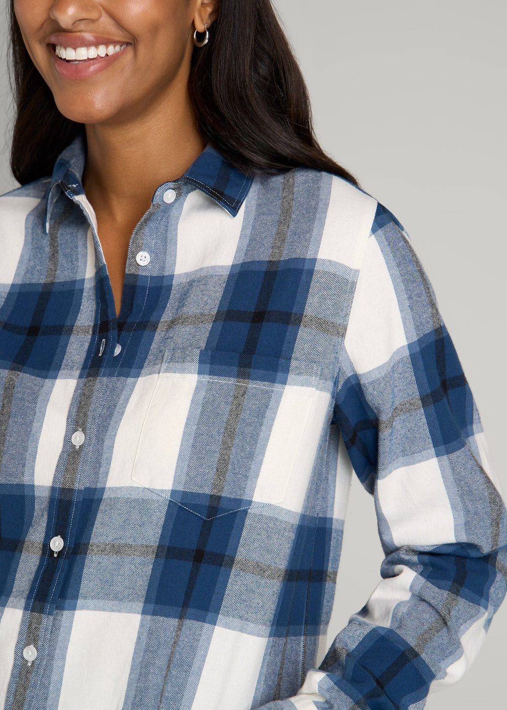 American Tall Outlet | Flannel Button-Up Shirt for Tall Women in Ocean Blue and White