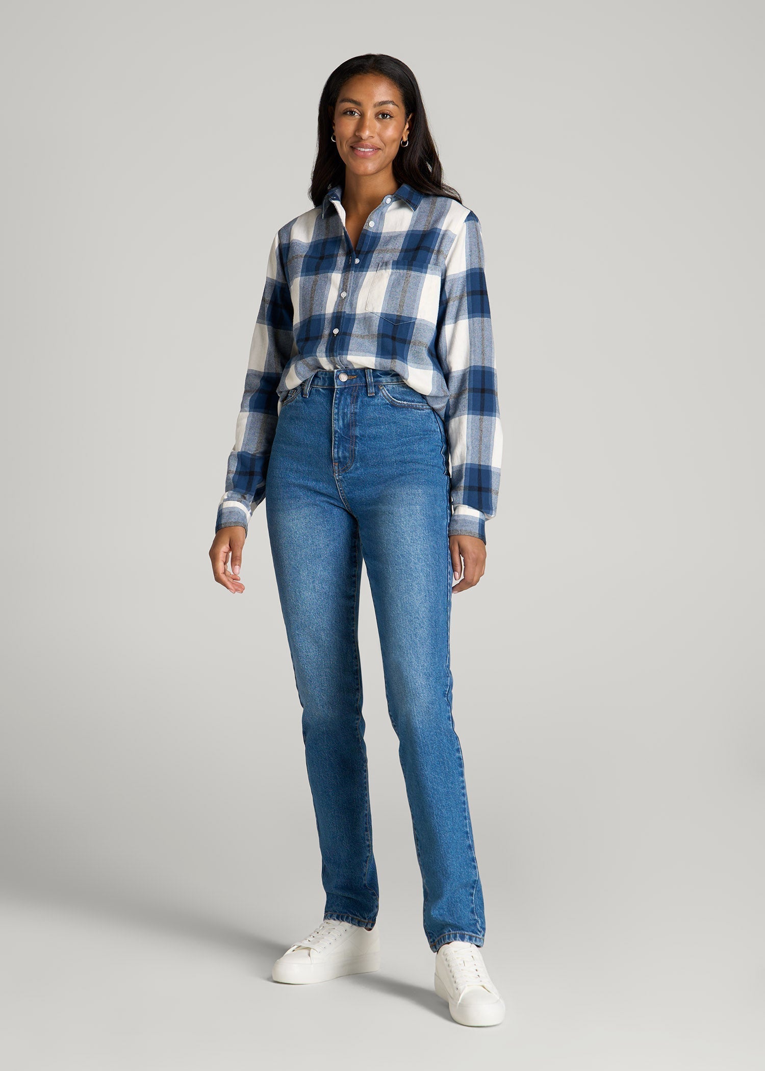 American Tall Outlet | Flannel Button-Up Shirt for Tall Women in Ocean Blue and White