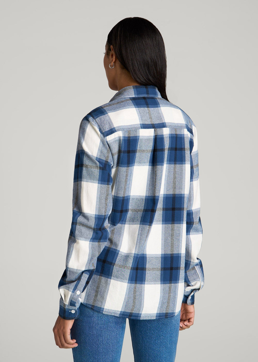 American Tall Outlet | Flannel Button-Up Shirt for Tall Women in Ocean Blue and White