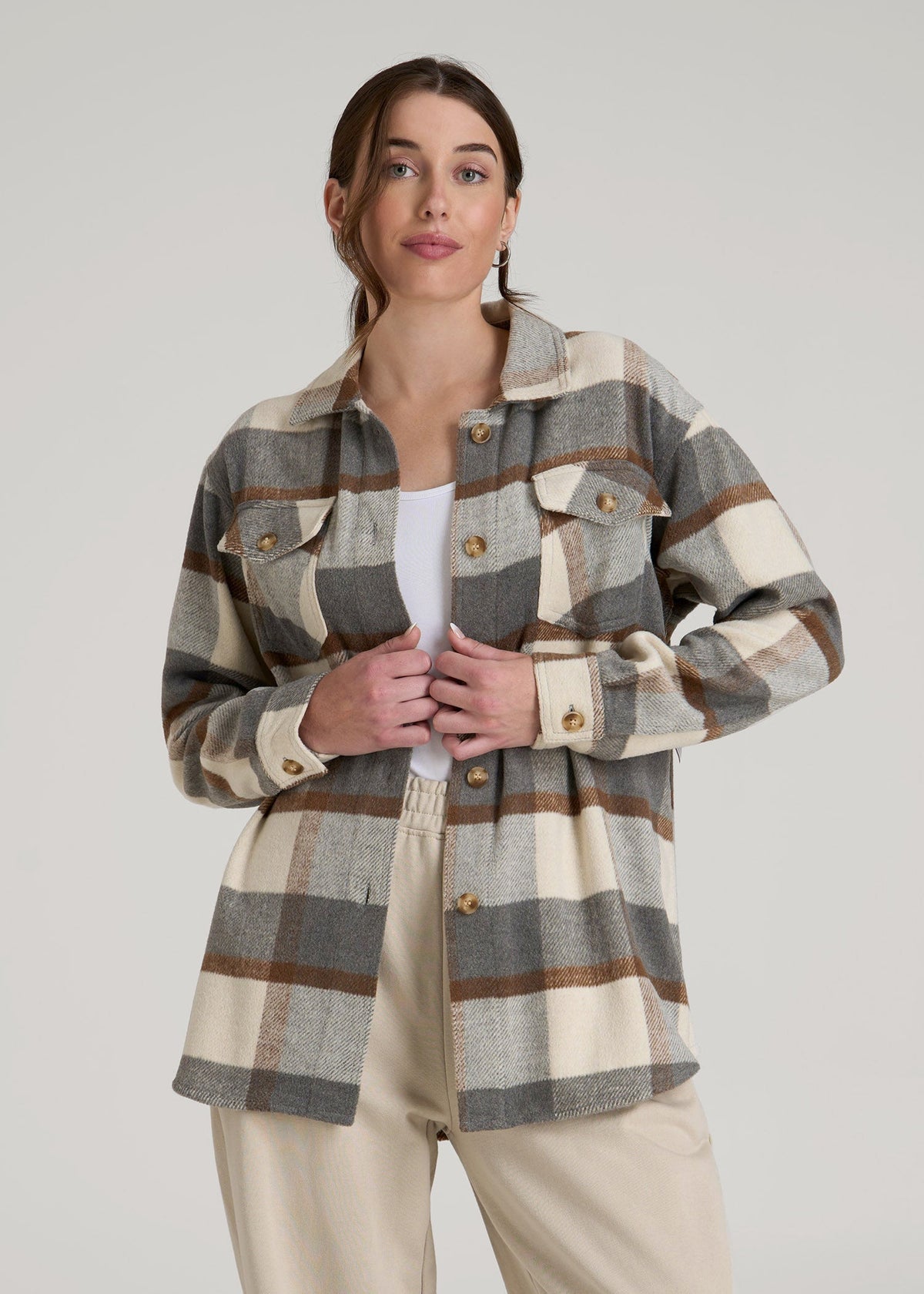 American Tall Online Shop | Flannel Shacket for Tall Women in Grey and Cream Plaid