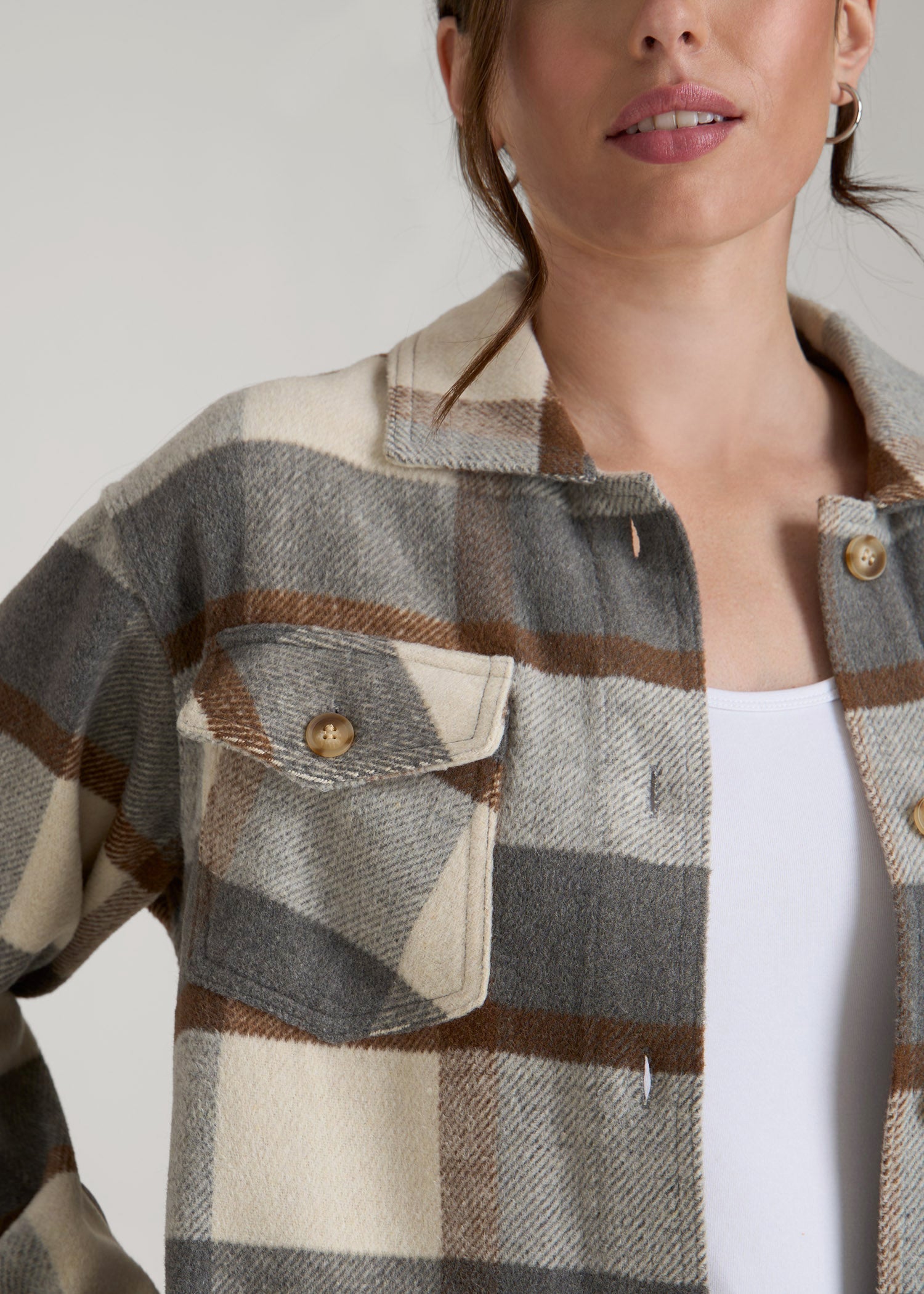 American Tall Online Shop | Flannel Shacket for Tall Women in Grey and Cream Plaid