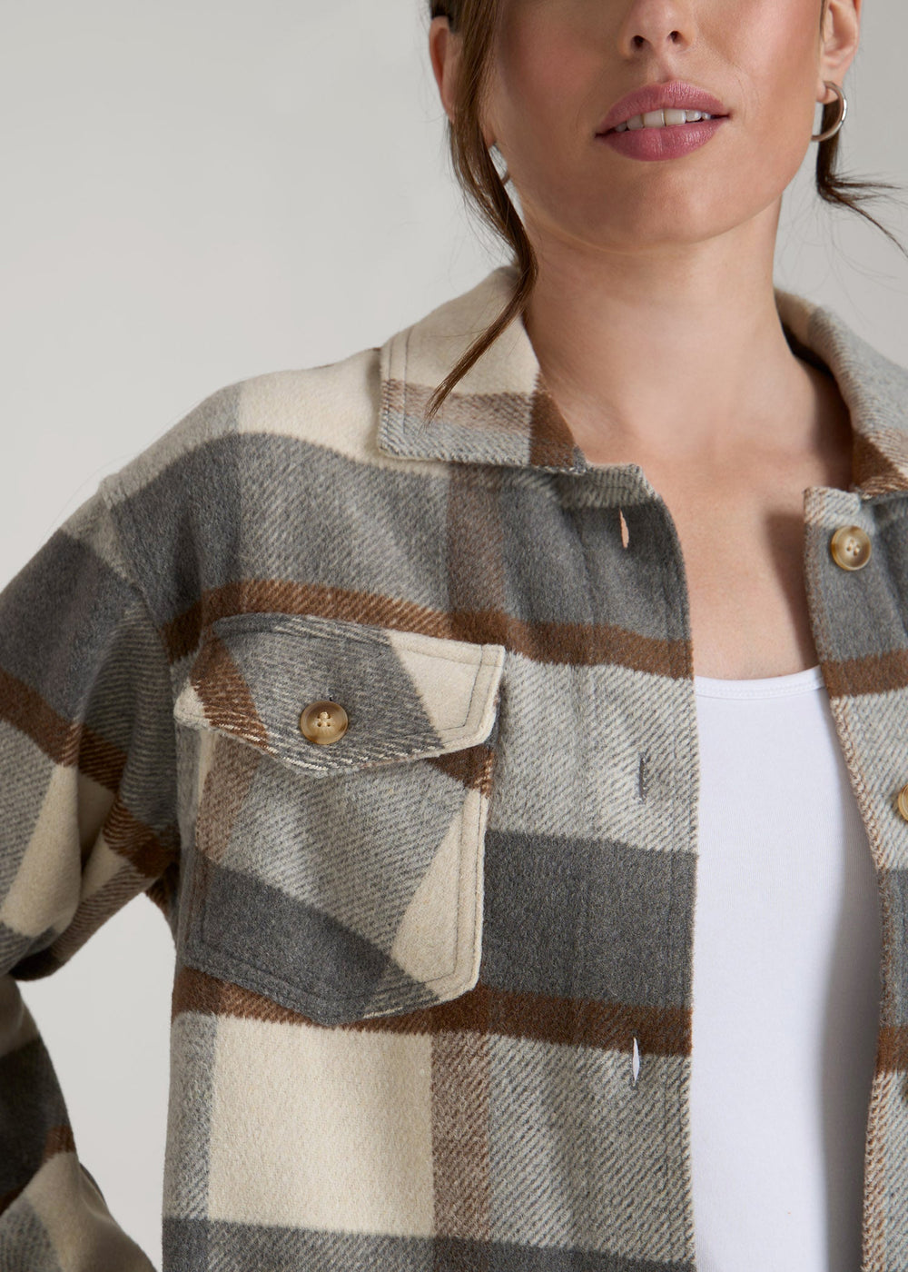 American Tall Online Shop | Flannel Shacket for Tall Women in Grey and Cream Plaid