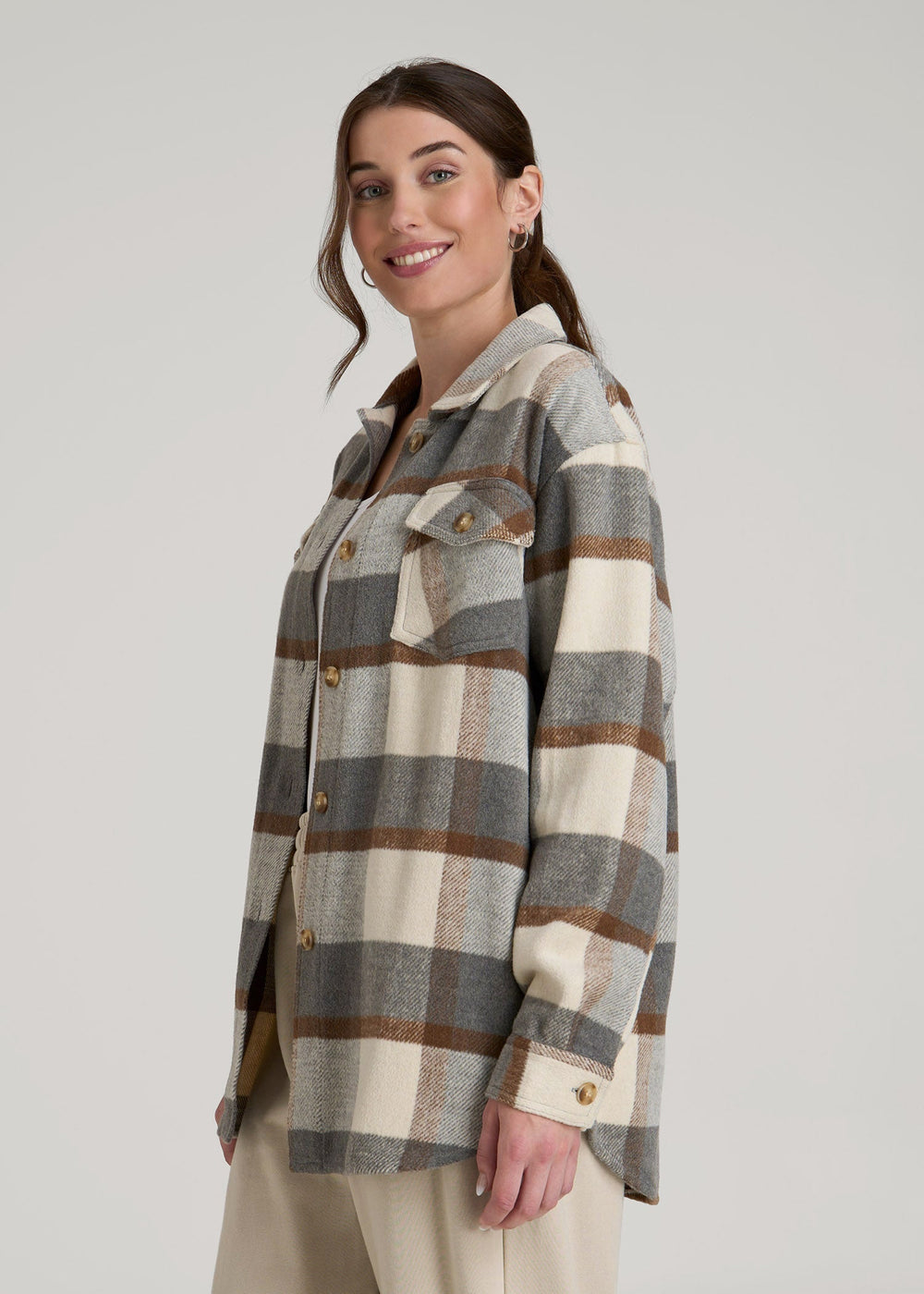 American Tall Online Shop | Flannel Shacket for Tall Women in Grey and Cream Plaid