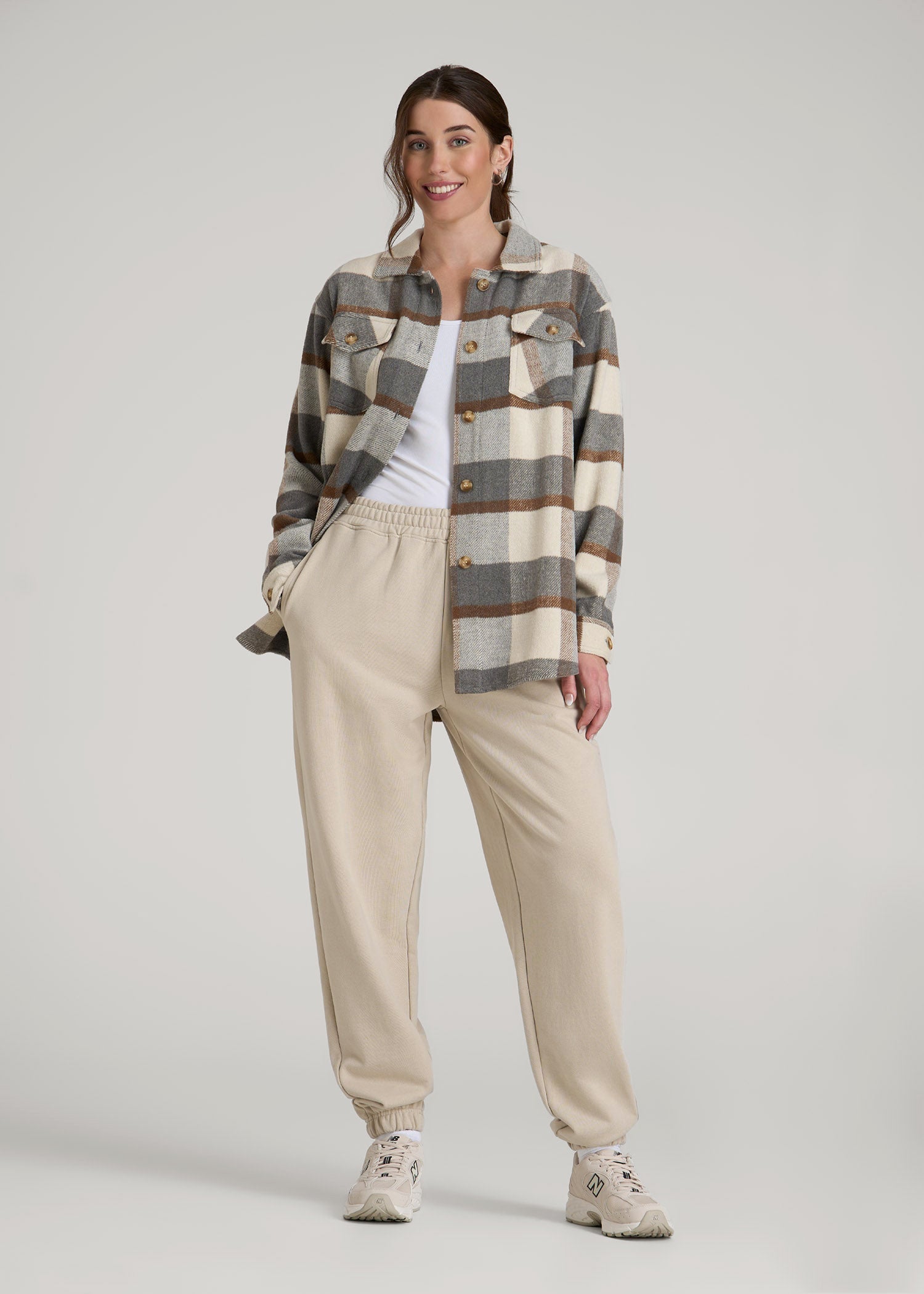 American Tall Online Shop | Flannel Shacket for Tall Women in Grey and Cream Plaid