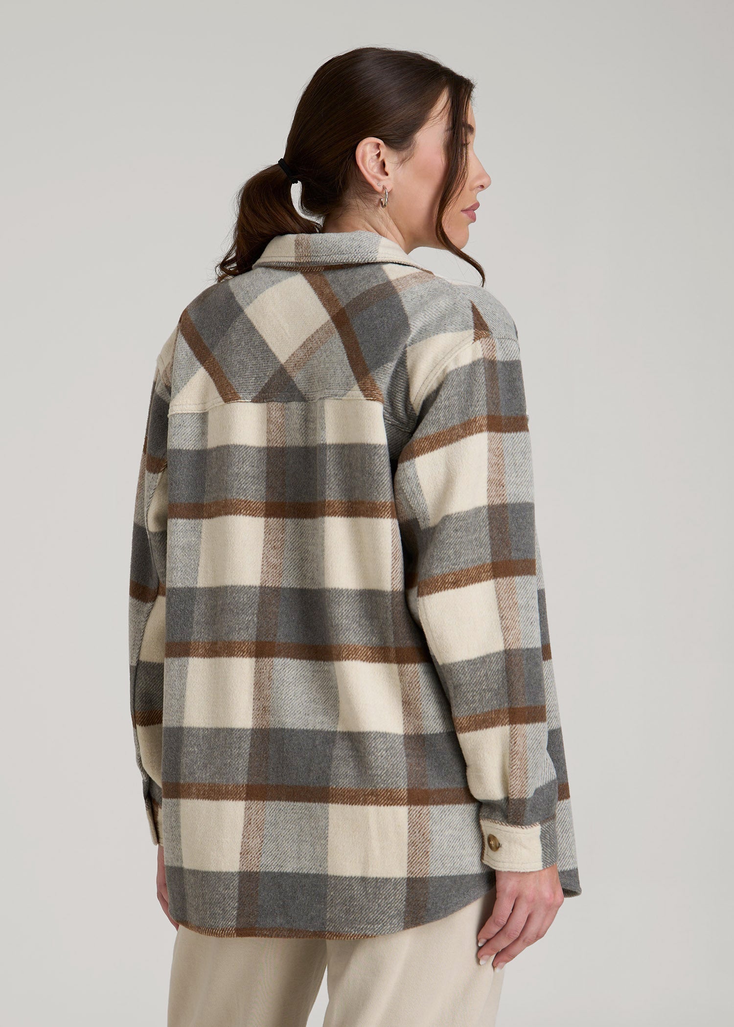 American Tall Online Shop | Flannel Shacket for Tall Women in Grey and Cream Plaid