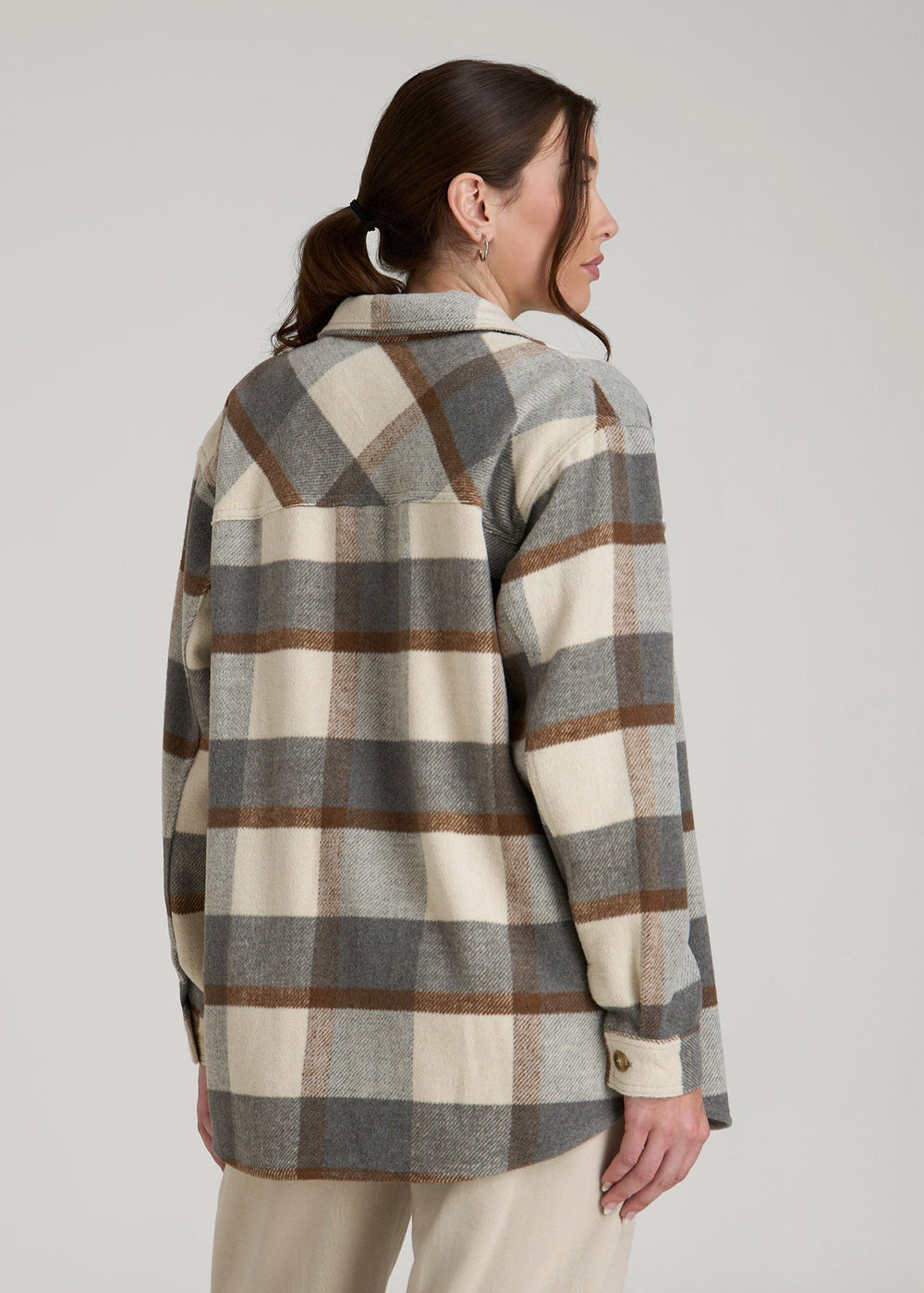 American Tall Online Shop | Flannel Shacket for Tall Women in Grey and Cream Plaid