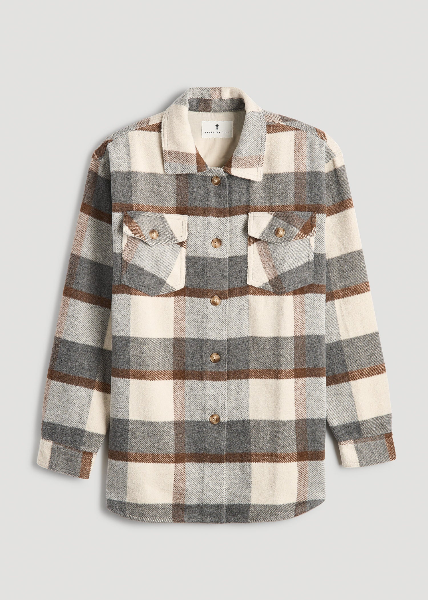 American Tall Online Shop | Flannel Shacket for Tall Women in Grey and Cream Plaid