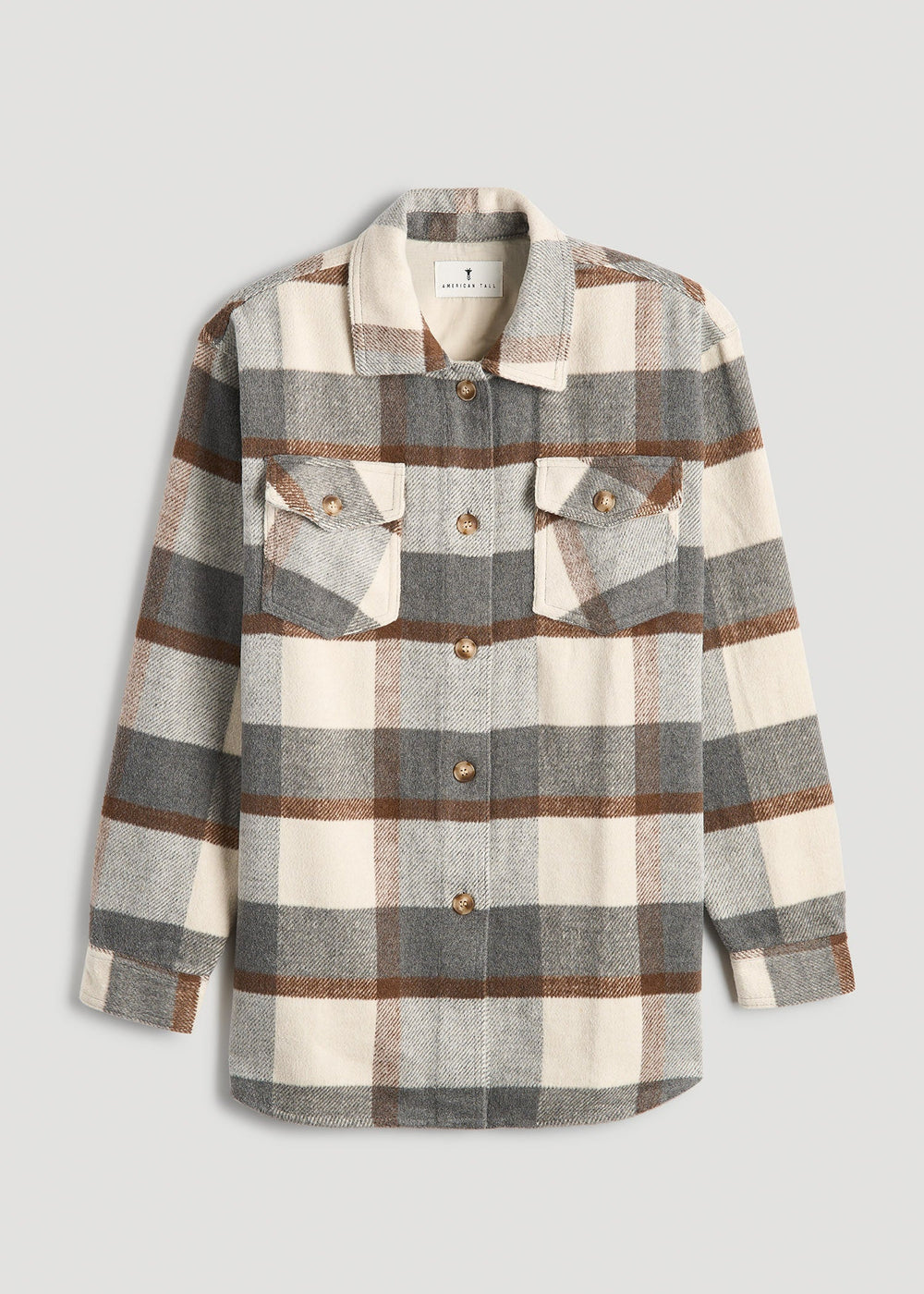 American Tall Online Shop | Flannel Shacket for Tall Women in Grey and Cream Plaid