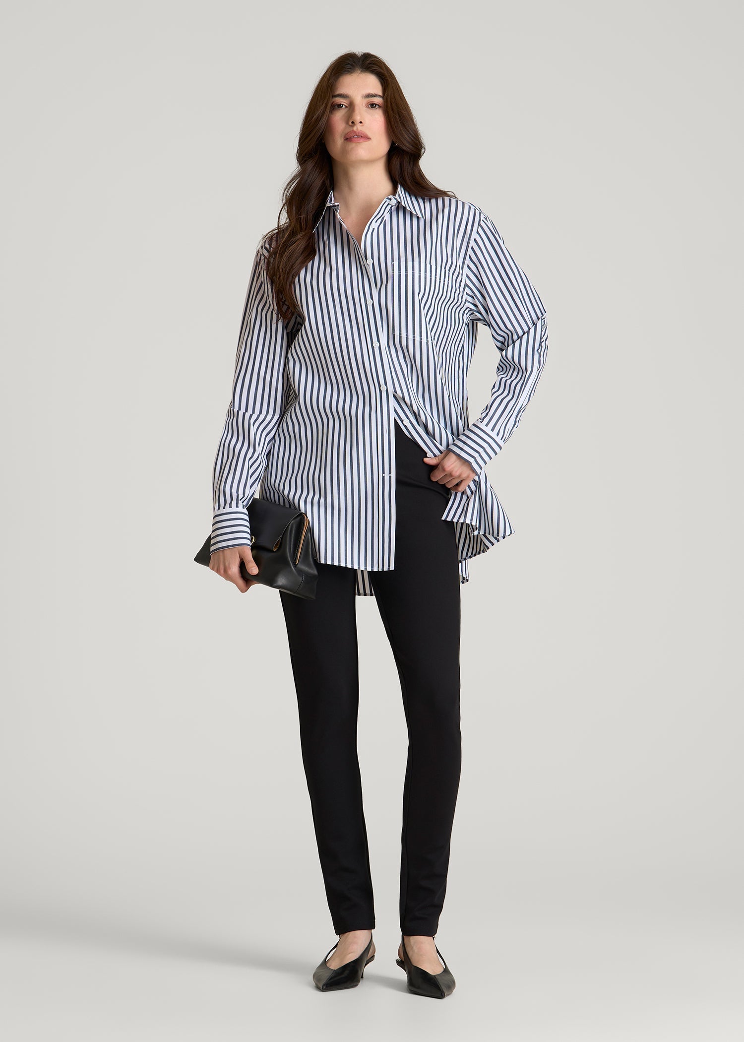 American Tall Online | Oversized Poplin Button Shirt for Tall Women in White and Navy Stripe