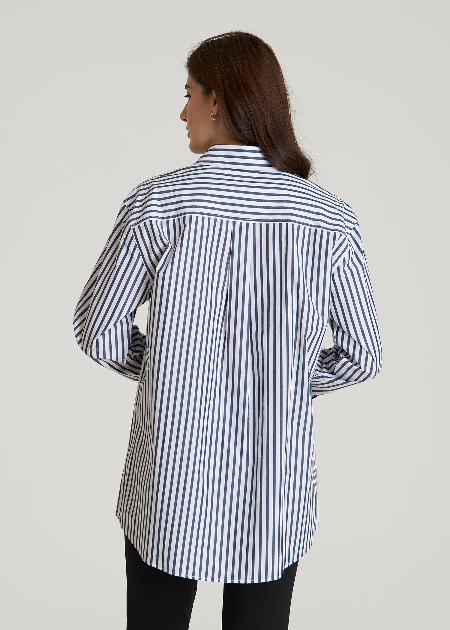 American Tall Online | Oversized Poplin Button Shirt for Tall Women in White and Navy Stripe