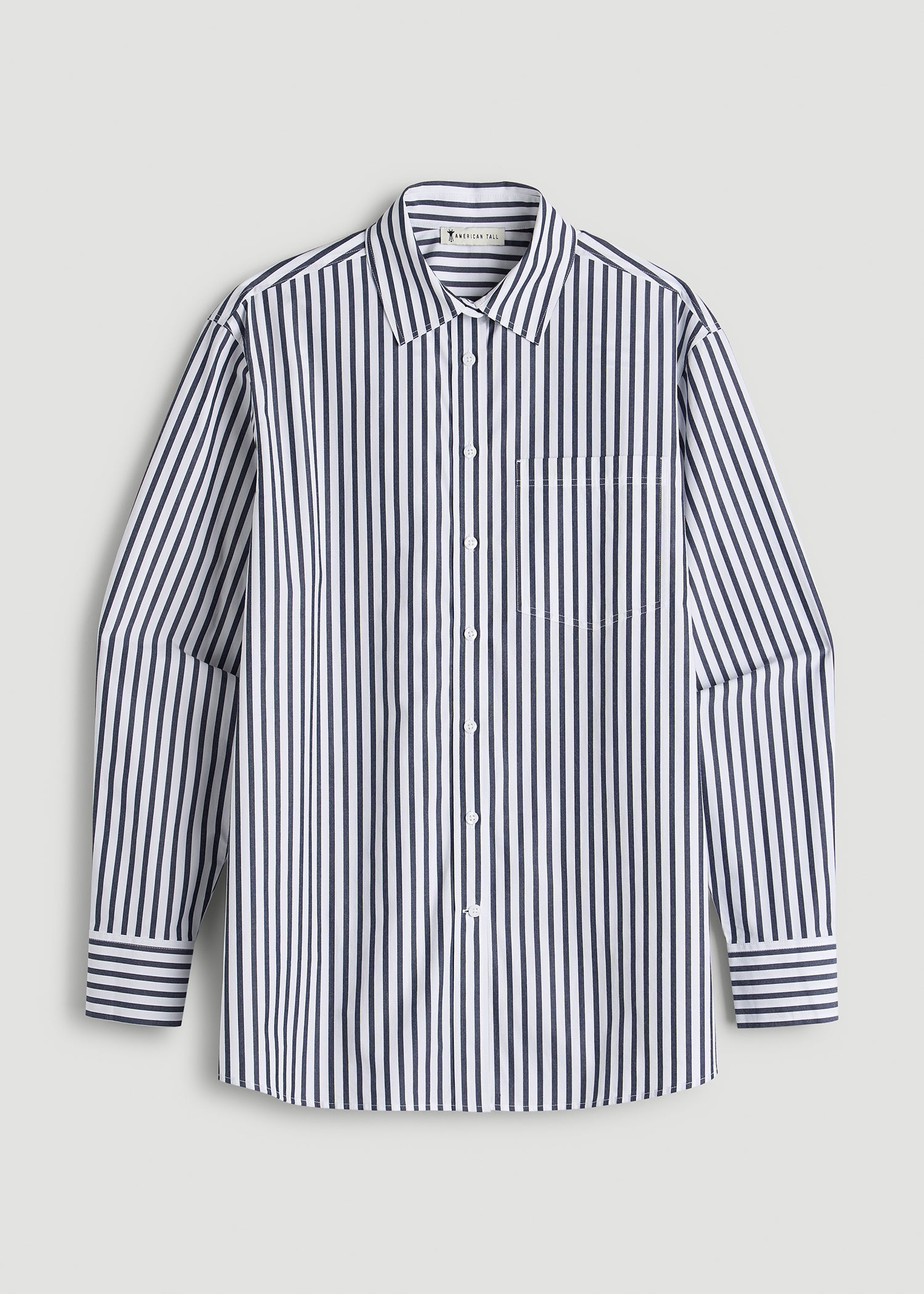 American Tall Online | Oversized Poplin Button Shirt for Tall Women in White and Navy Stripe