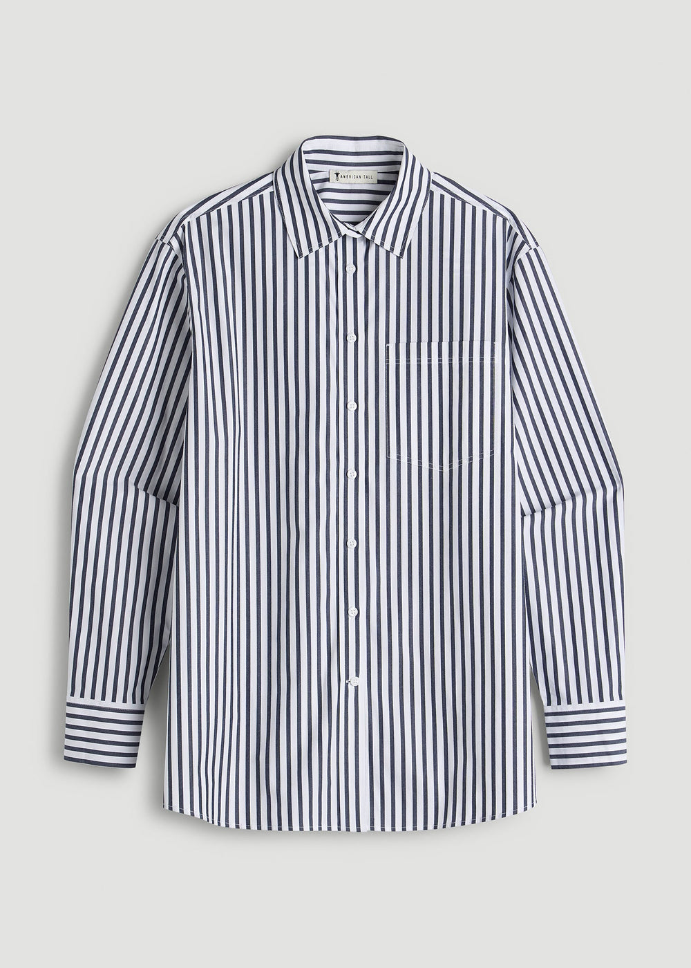 American Tall Online | Oversized Poplin Button Shirt for Tall Women in White and Navy Stripe