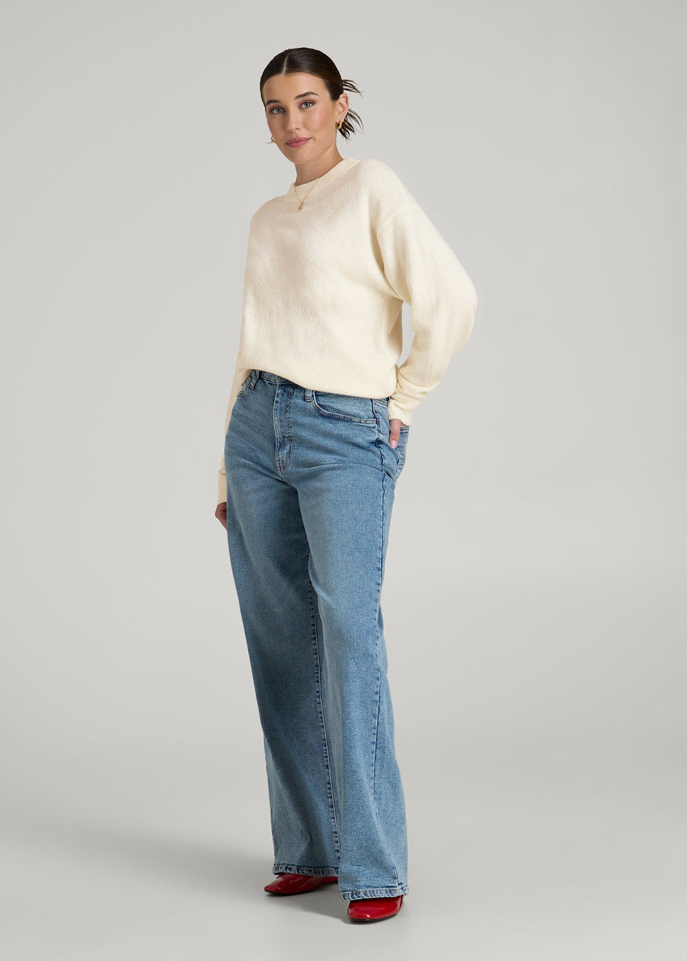 American Tall Sale | Relaxed Crewneck Wool Blend Sweater for Tall Women in White Alyssum