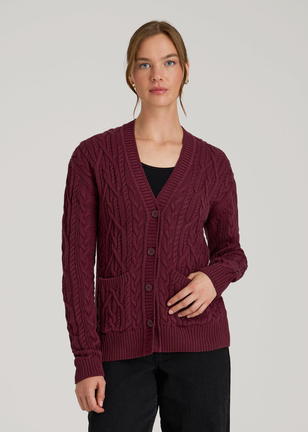 American Tall Online | Relaxed Cotton Cable Knit Cardigan for Tall Women in Tawny Port