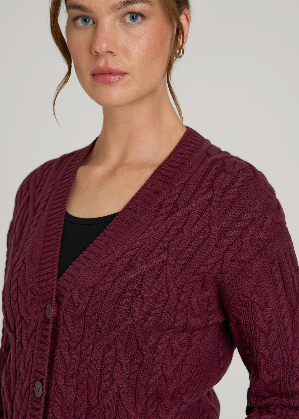 American Tall Online | Relaxed Cotton Cable Knit Cardigan for Tall Women in Tawny Port