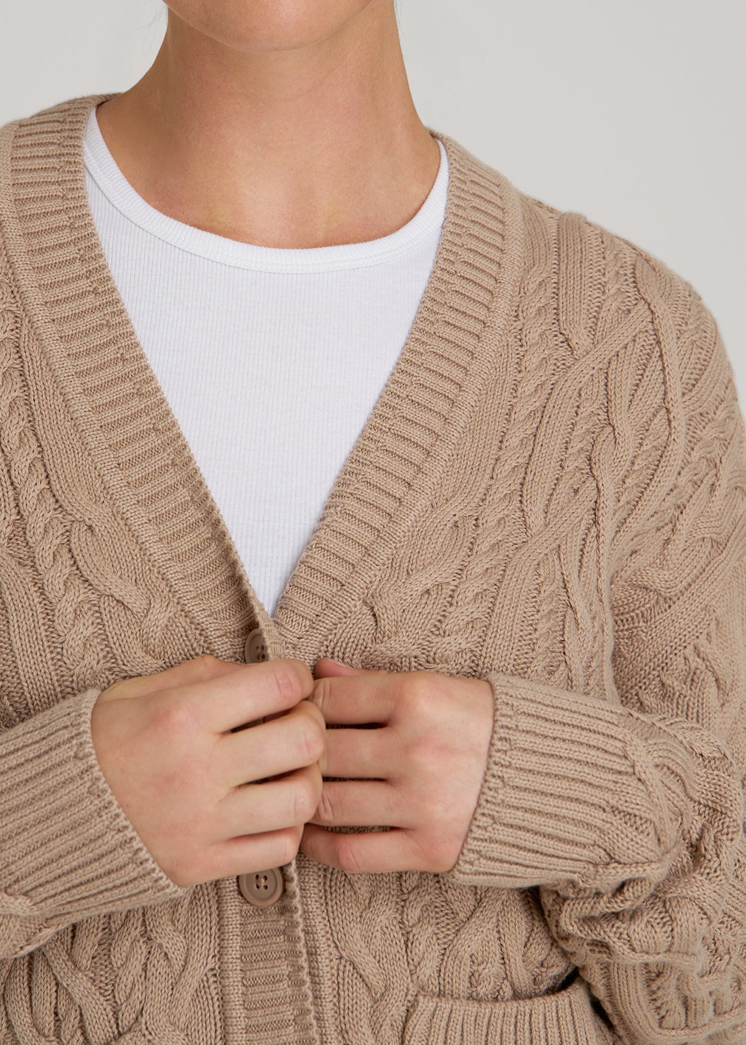 American Tall Outlet | Relaxed Cotton Cable Knit Cardigan for Tall Women in Stucco
