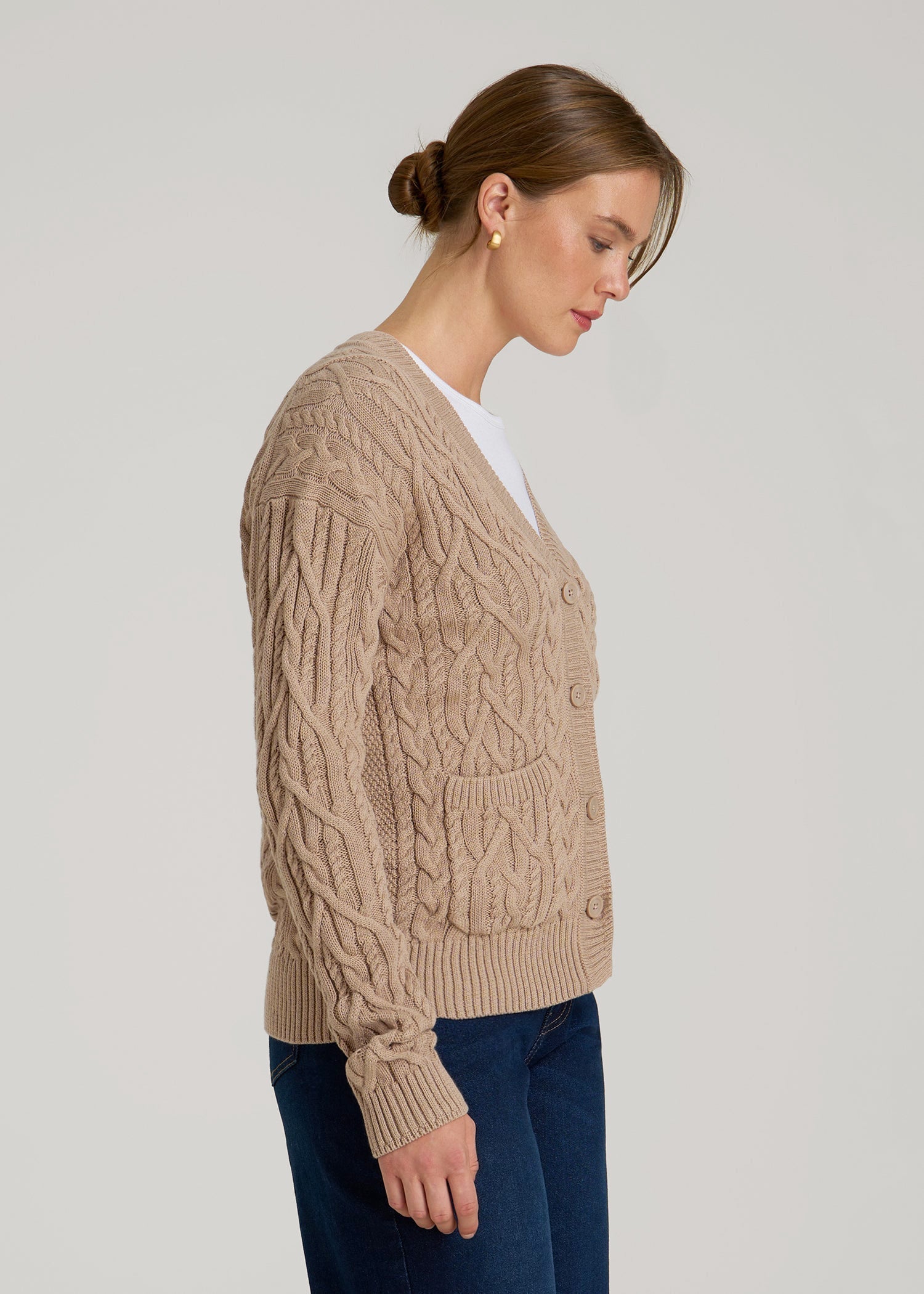 American Tall Outlet | Relaxed Cotton Cable Knit Cardigan for Tall Women in Stucco