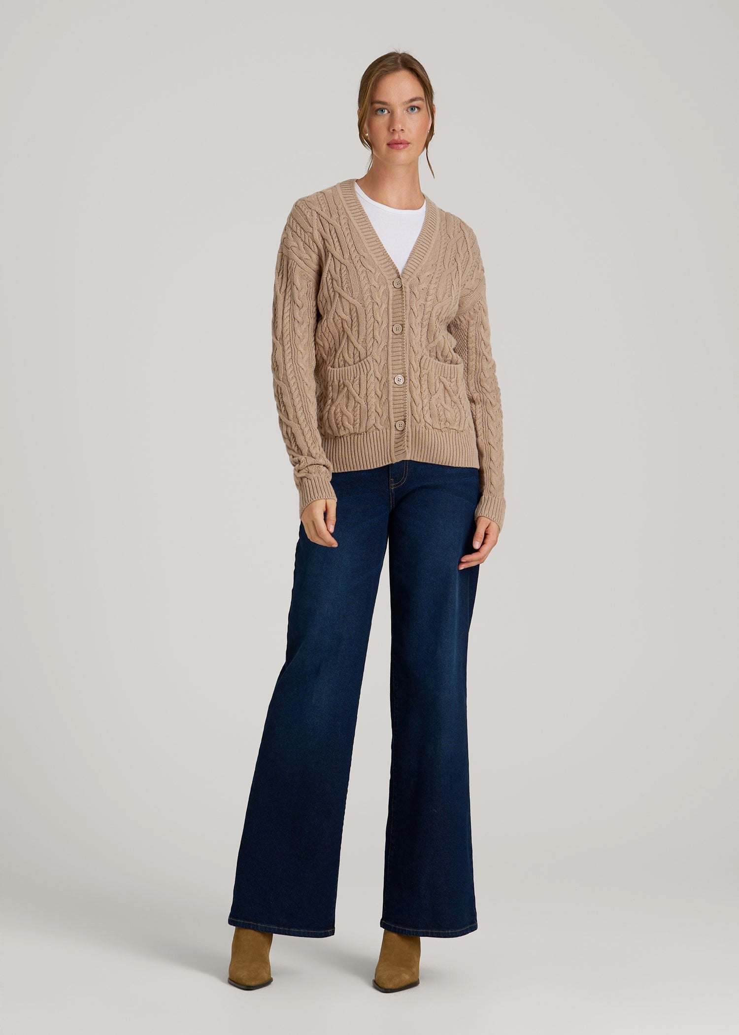 American Tall Outlet | Relaxed Cotton Cable Knit Cardigan for Tall Women in Stucco