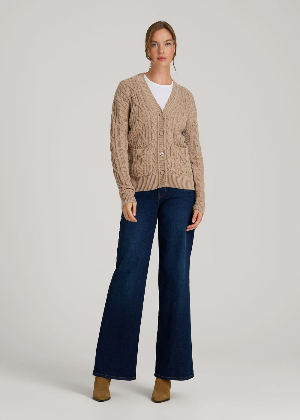 American Tall Outlet | Relaxed Cotton Cable Knit Cardigan for Tall Women in Stucco