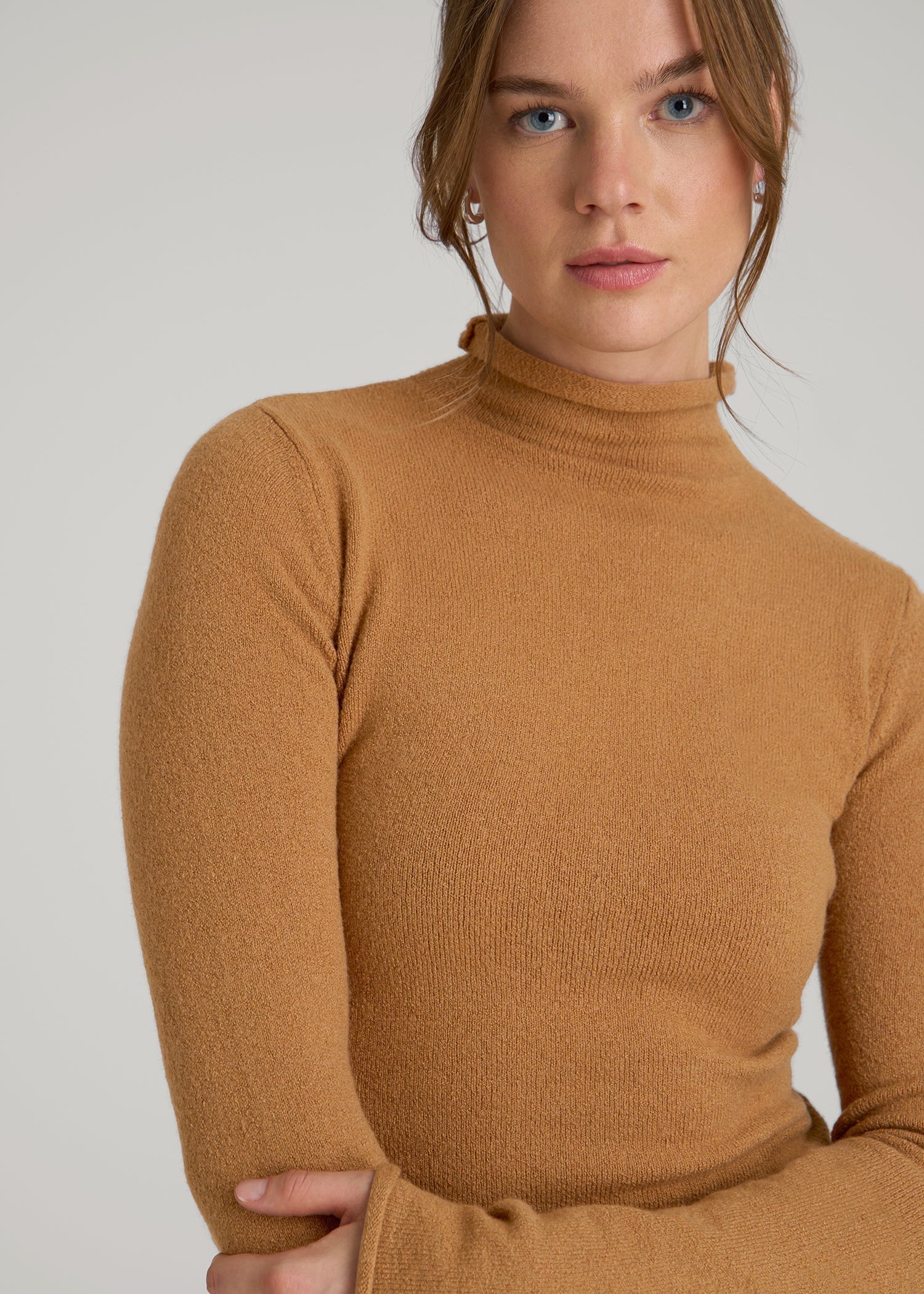 American Tall For Sale | Rolled Mock Neck Sweater for Tall Women in Caramel