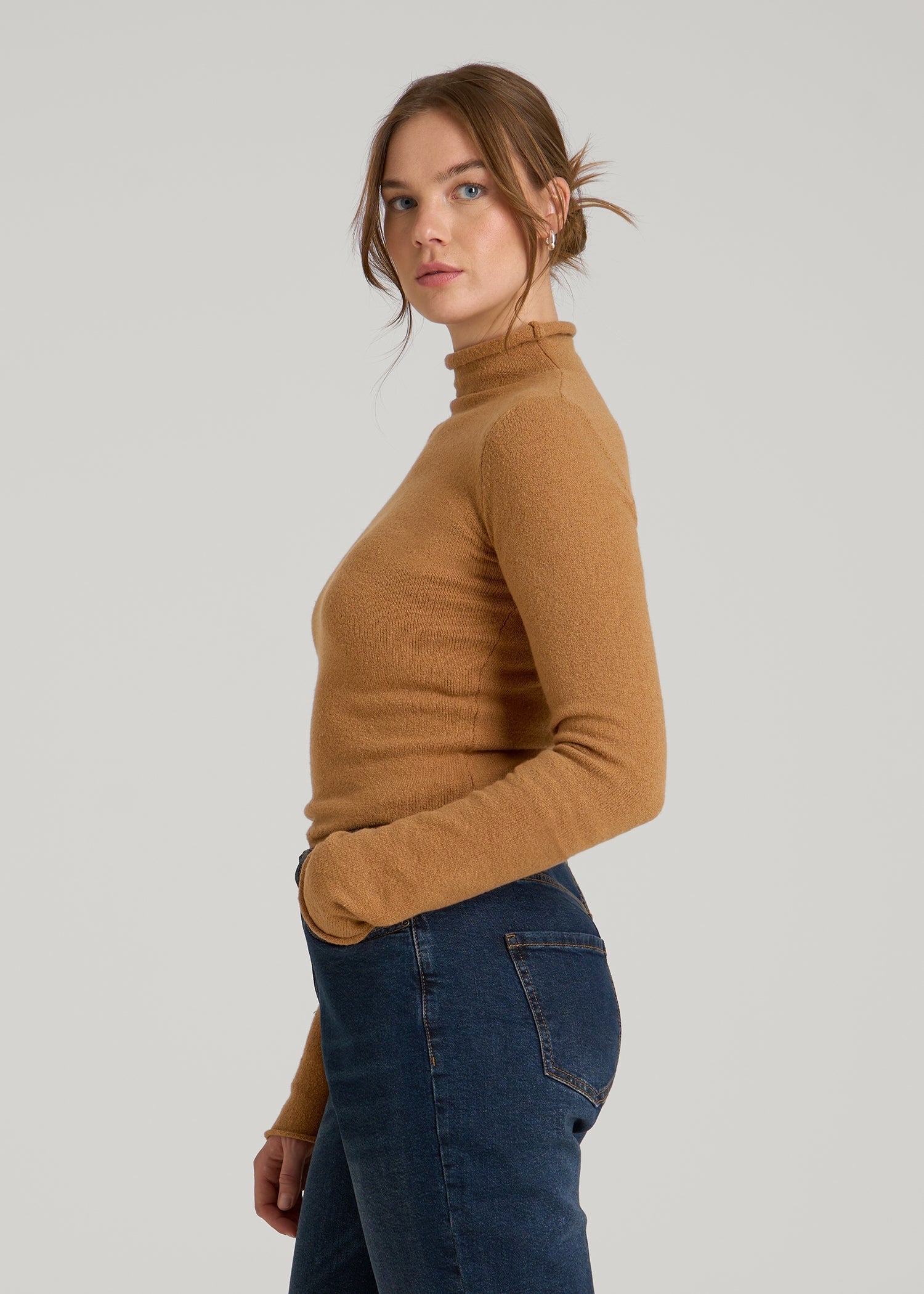 American Tall For Sale | Rolled Mock Neck Sweater for Tall Women in Caramel