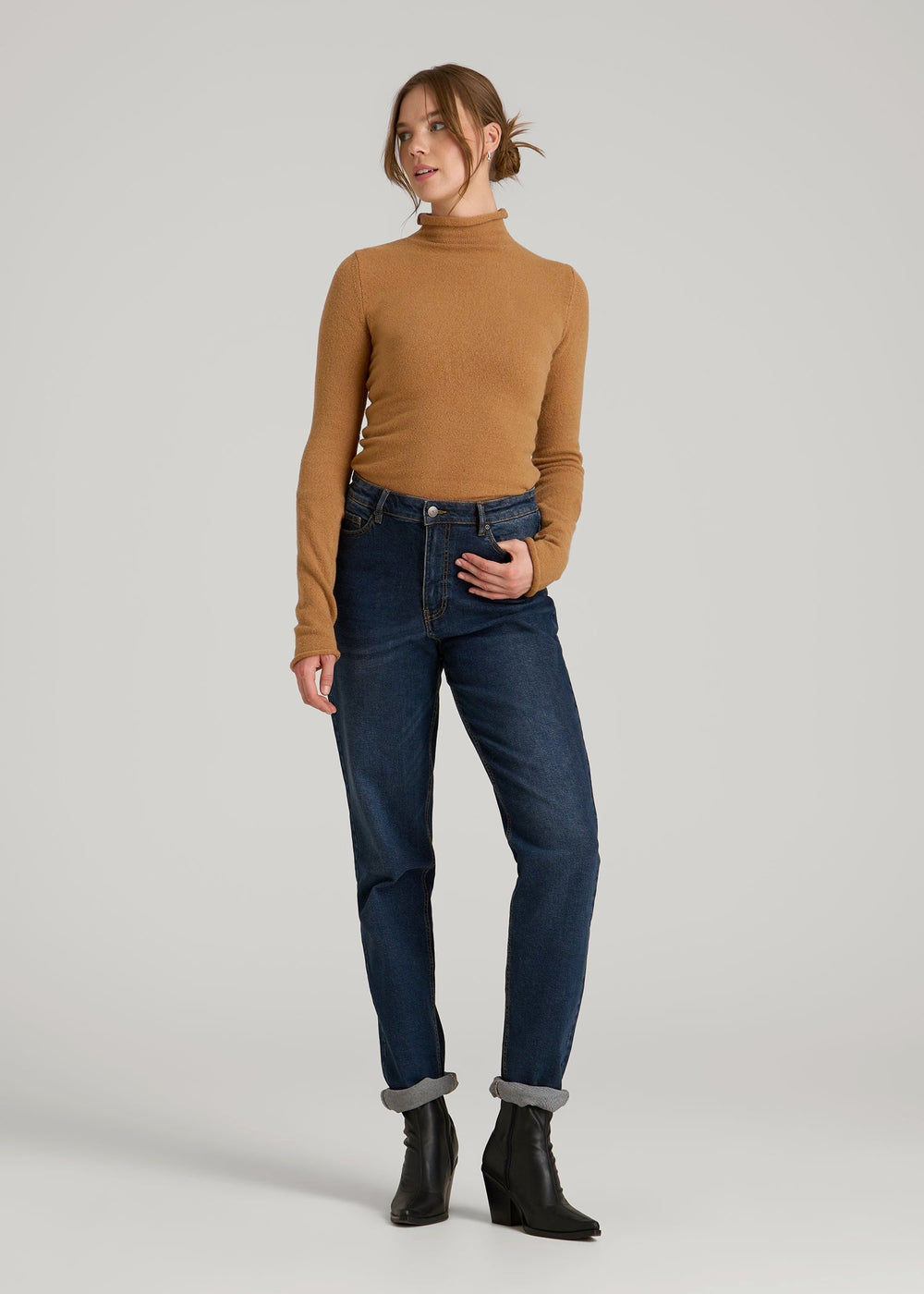 American Tall For Sale | Rolled Mock Neck Sweater for Tall Women in Caramel