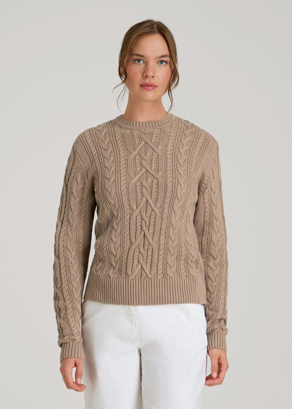 American Tall Discount | Cotton Crewneck Sweater for Tall Women in Stucco