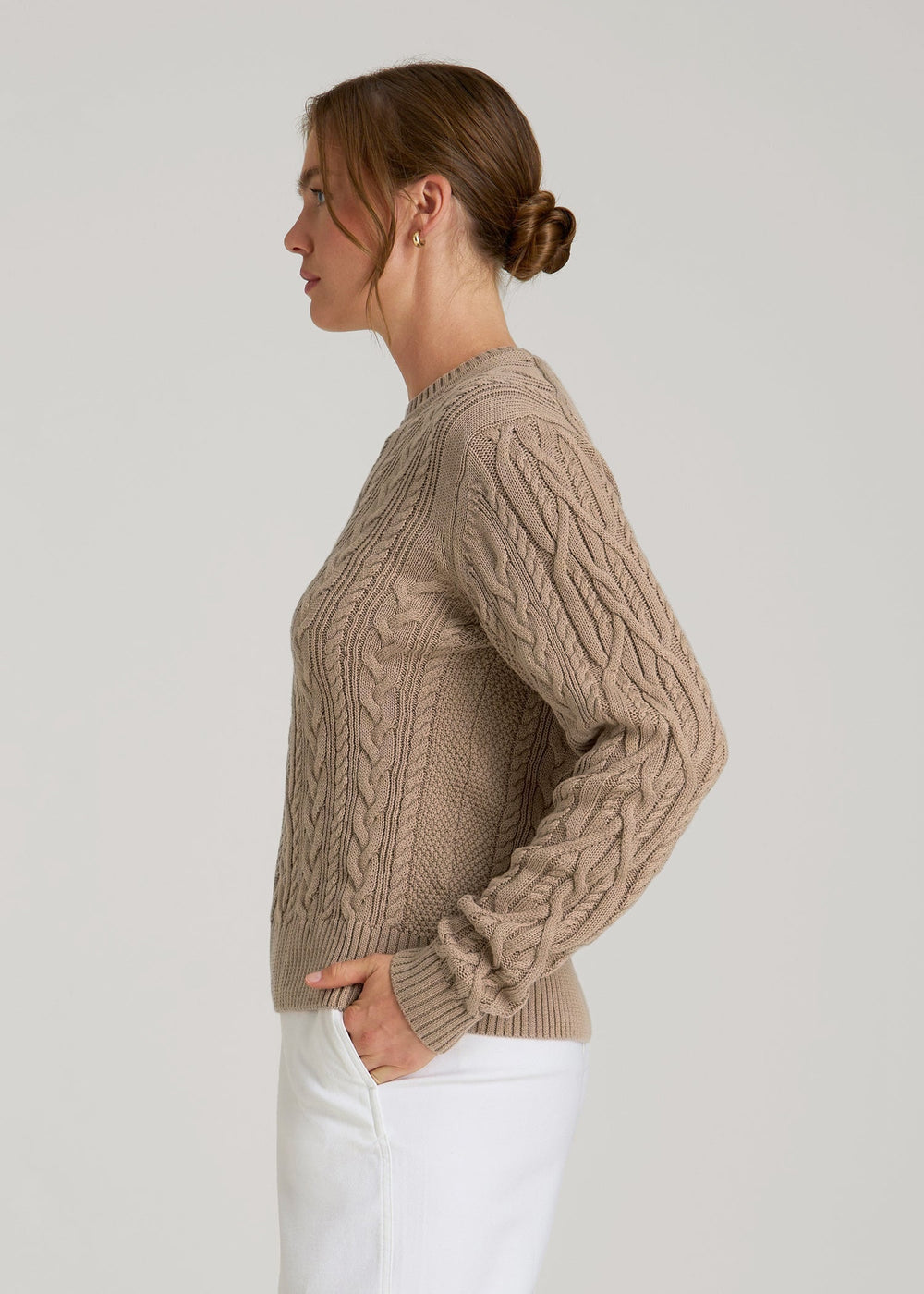 American Tall Discount | Cotton Crewneck Sweater for Tall Women in Stucco