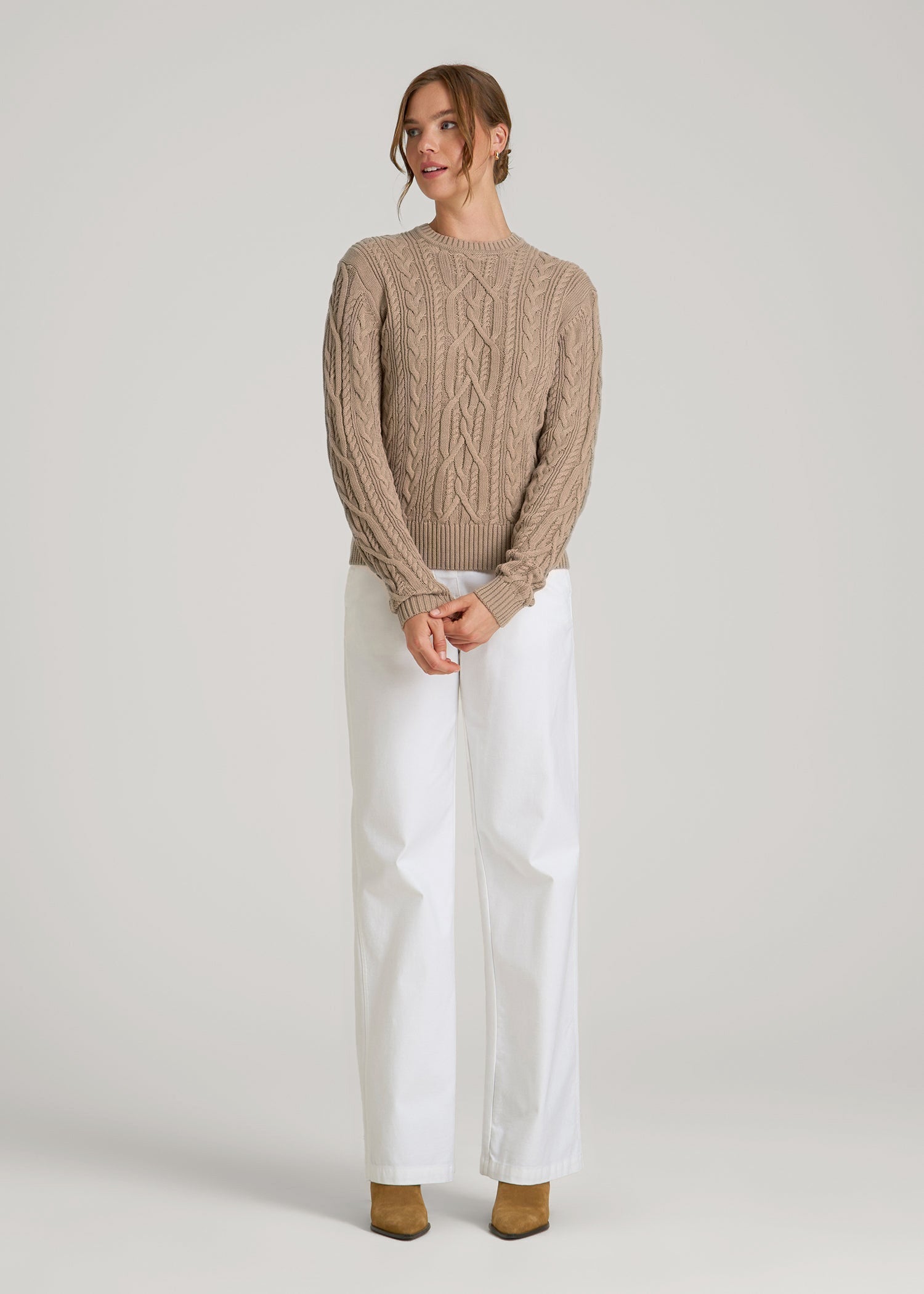 American Tall Discount | Cotton Crewneck Sweater for Tall Women in Stucco