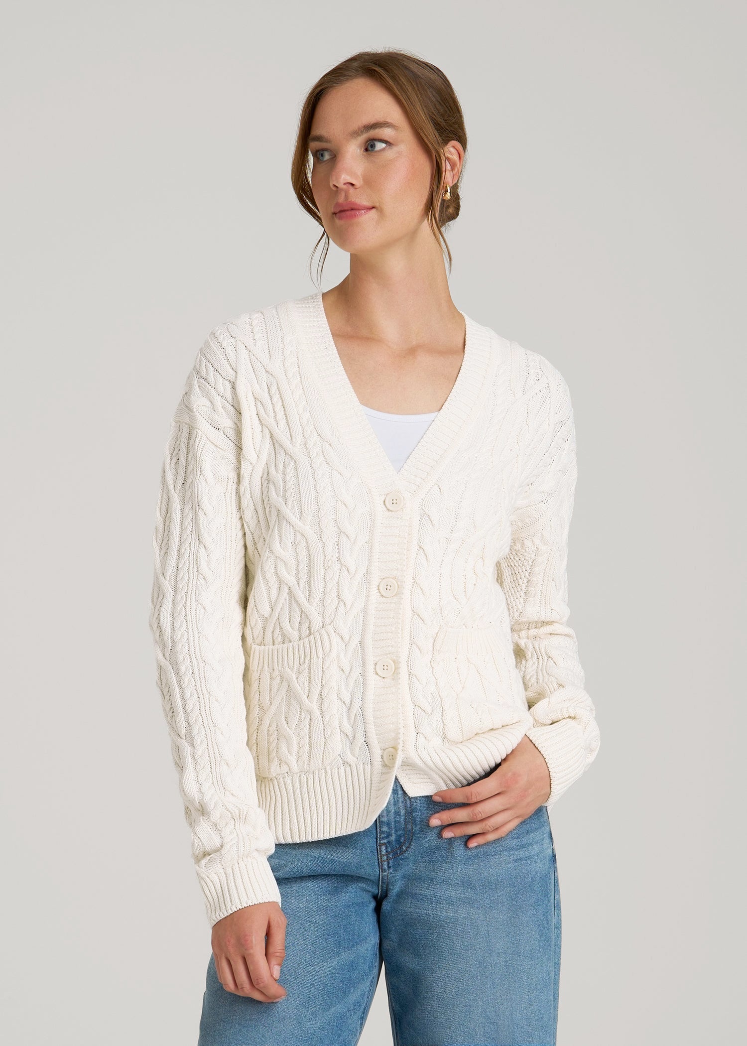 American Tall Online | Relaxed Cotton Cable Knit Cardigan for Tall Women in Ecru