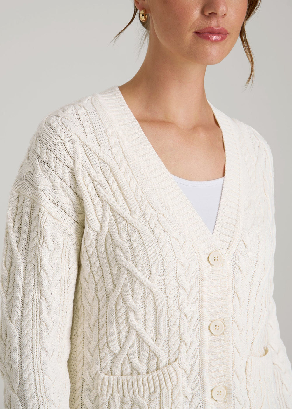 American Tall Online | Relaxed Cotton Cable Knit Cardigan for Tall Women in Ecru