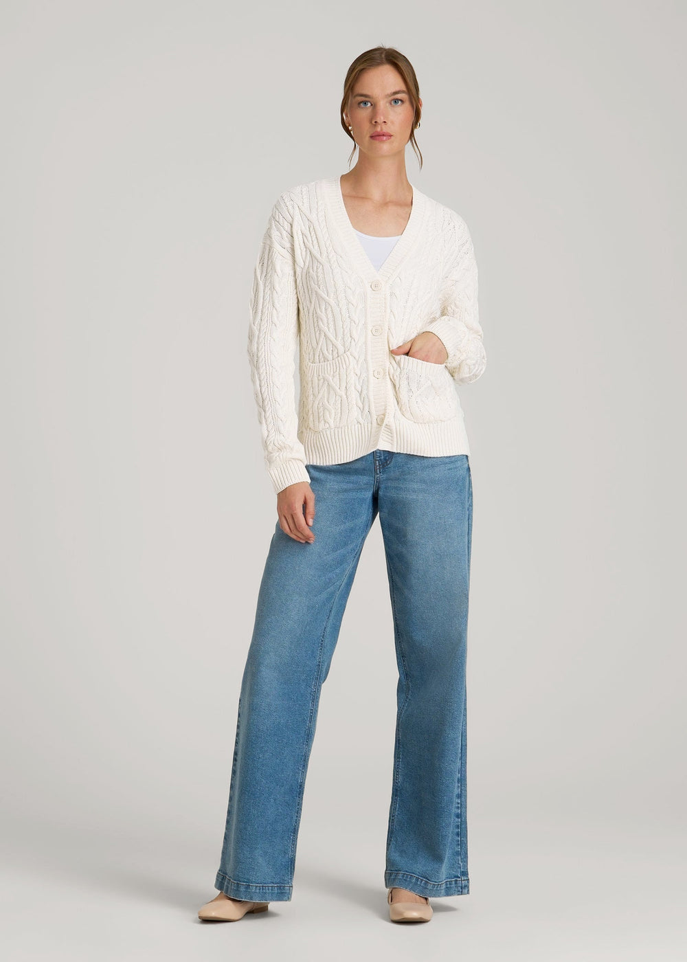 American Tall Online | Relaxed Cotton Cable Knit Cardigan for Tall Women in Ecru