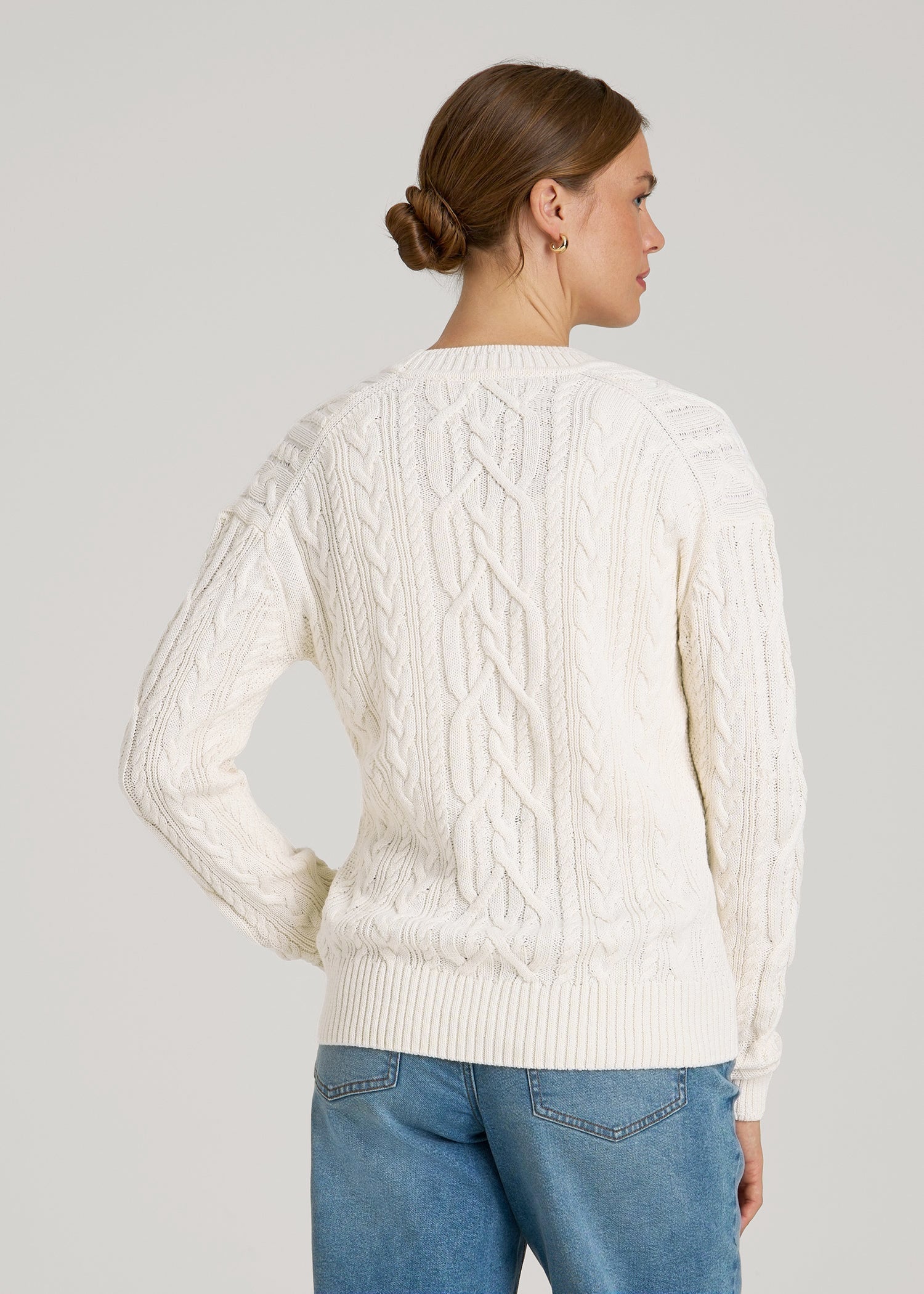 American Tall Online | Relaxed Cotton Cable Knit Cardigan for Tall Women in Ecru