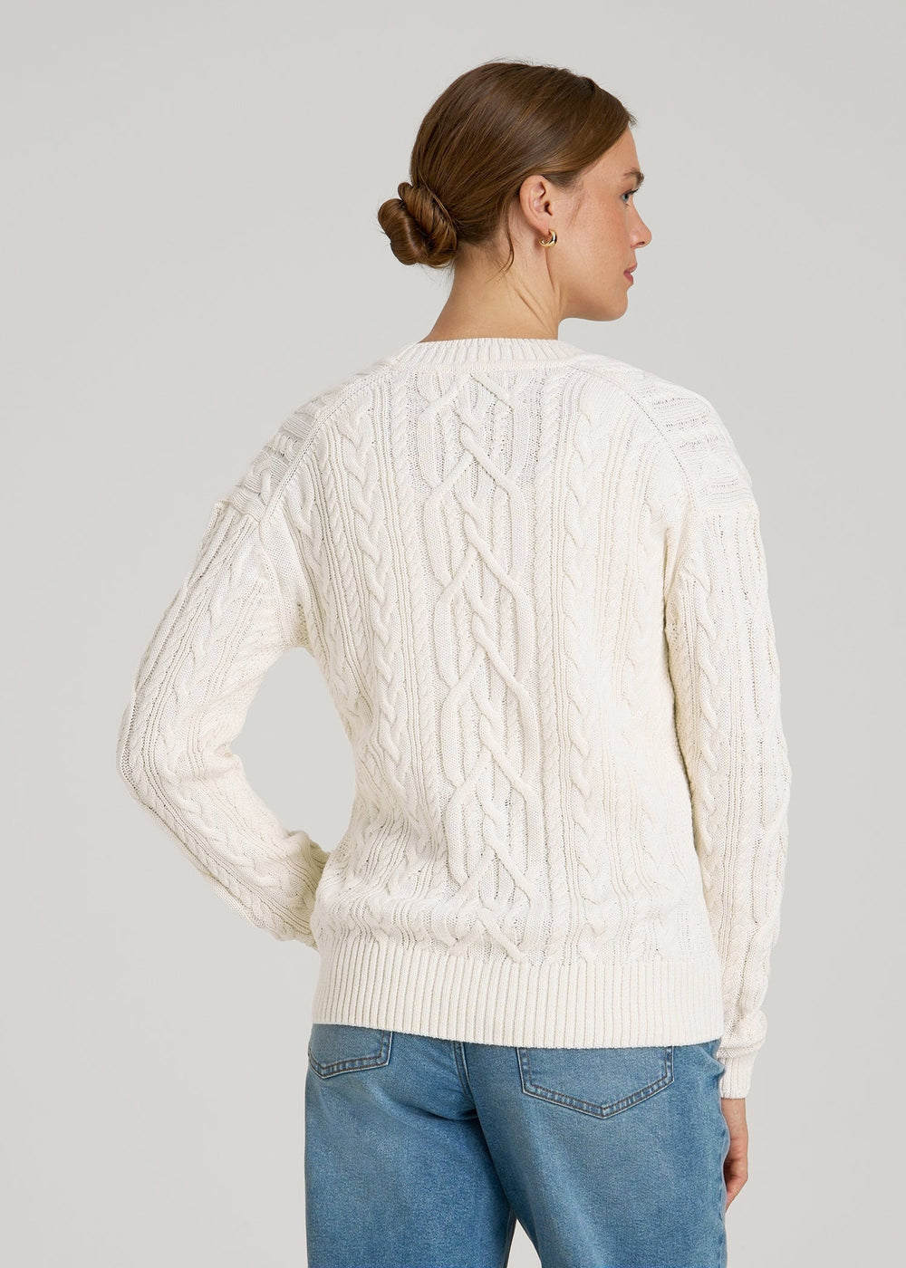 American Tall Online | Relaxed Cotton Cable Knit Cardigan for Tall Women in Ecru
