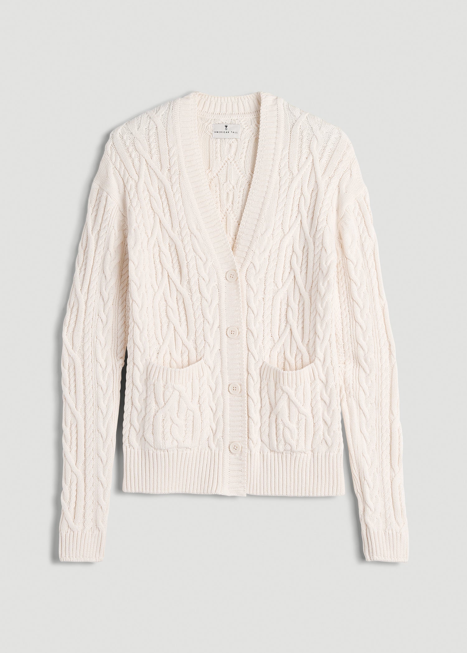 American Tall Online | Relaxed Cotton Cable Knit Cardigan for Tall Women in Ecru