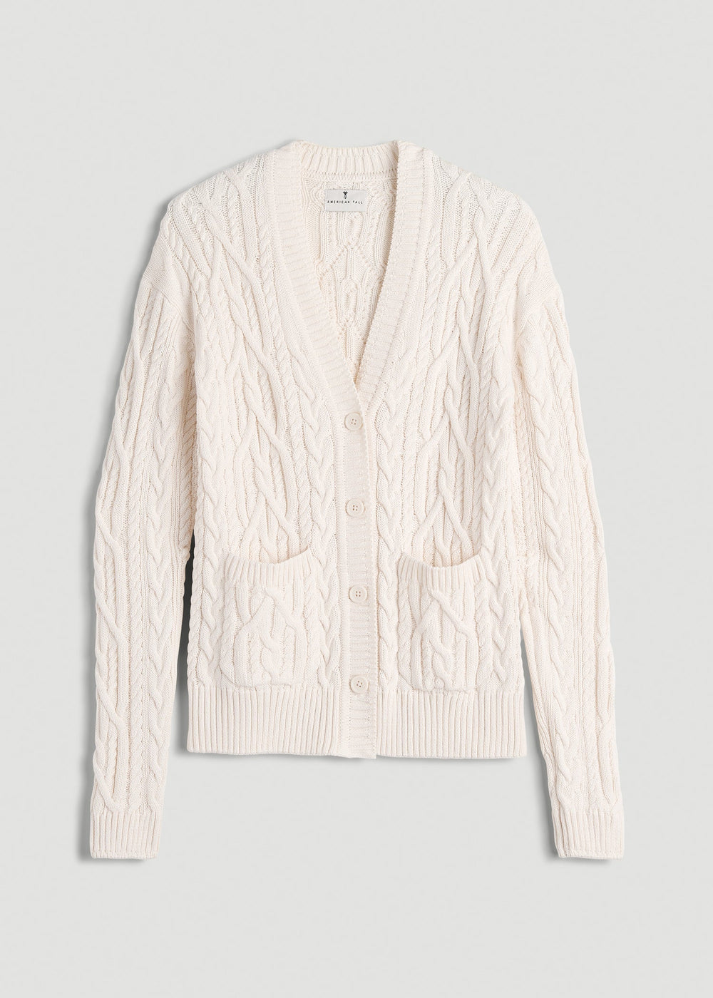 American Tall Online | Relaxed Cotton Cable Knit Cardigan for Tall Women in Ecru