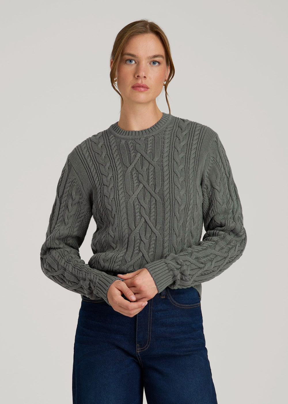 American Tall Sale | Cotton Crewneck Sweater for Tall Women in Balsam Green