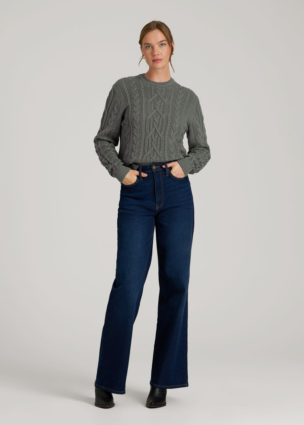 American Tall Sale | Cotton Crewneck Sweater for Tall Women in Balsam Green