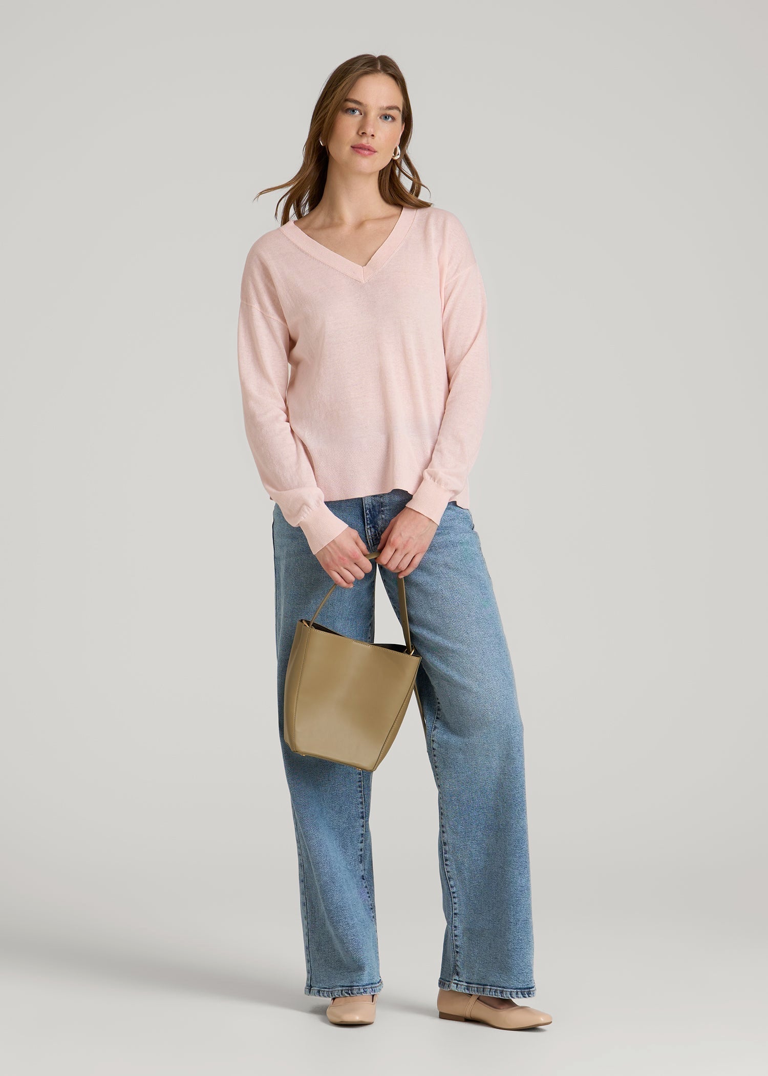American Tall Outlet | Linen Blend Split Hem V-Neck Sweater for Tall Women in Hush Pink