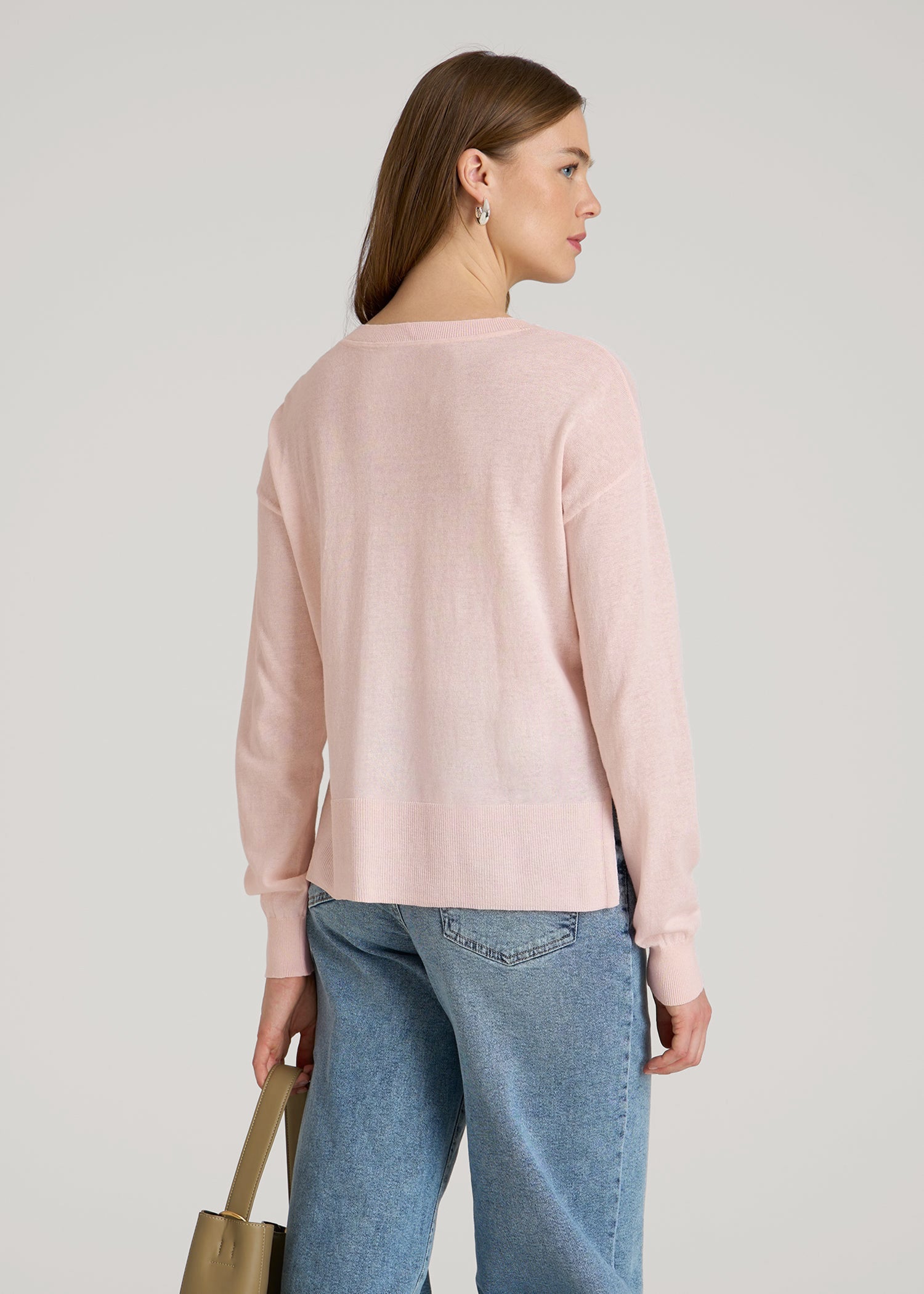 American Tall Outlet | Linen Blend Split Hem V-Neck Sweater for Tall Women in Hush Pink