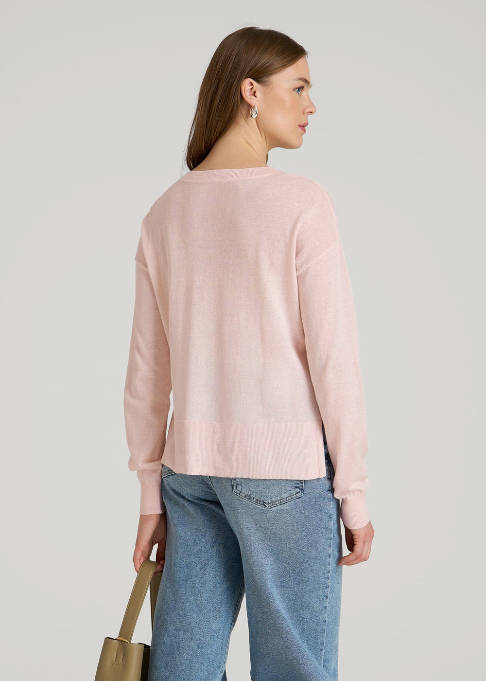 American Tall Outlet | Linen Blend Split Hem V-Neck Sweater for Tall Women in Hush Pink