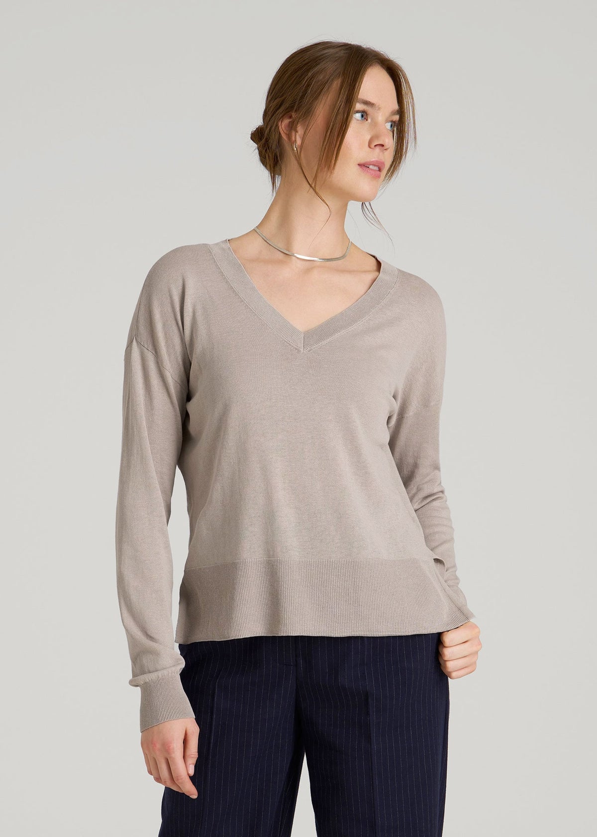 American Tall Online Shop | Linen Blend Split Hem V-Neck Sweater for Tall Women in Atmosphere