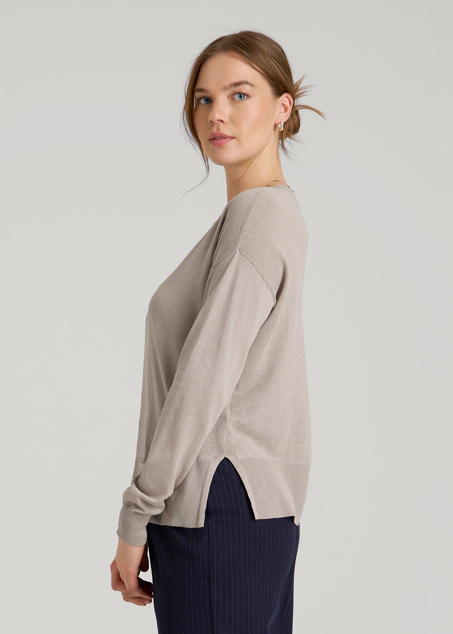 American Tall Online Shop | Linen Blend Split Hem V-Neck Sweater for Tall Women in Atmosphere