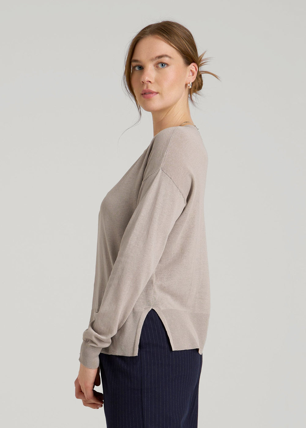 American Tall Online Shop | Linen Blend Split Hem V-Neck Sweater for Tall Women in Atmosphere