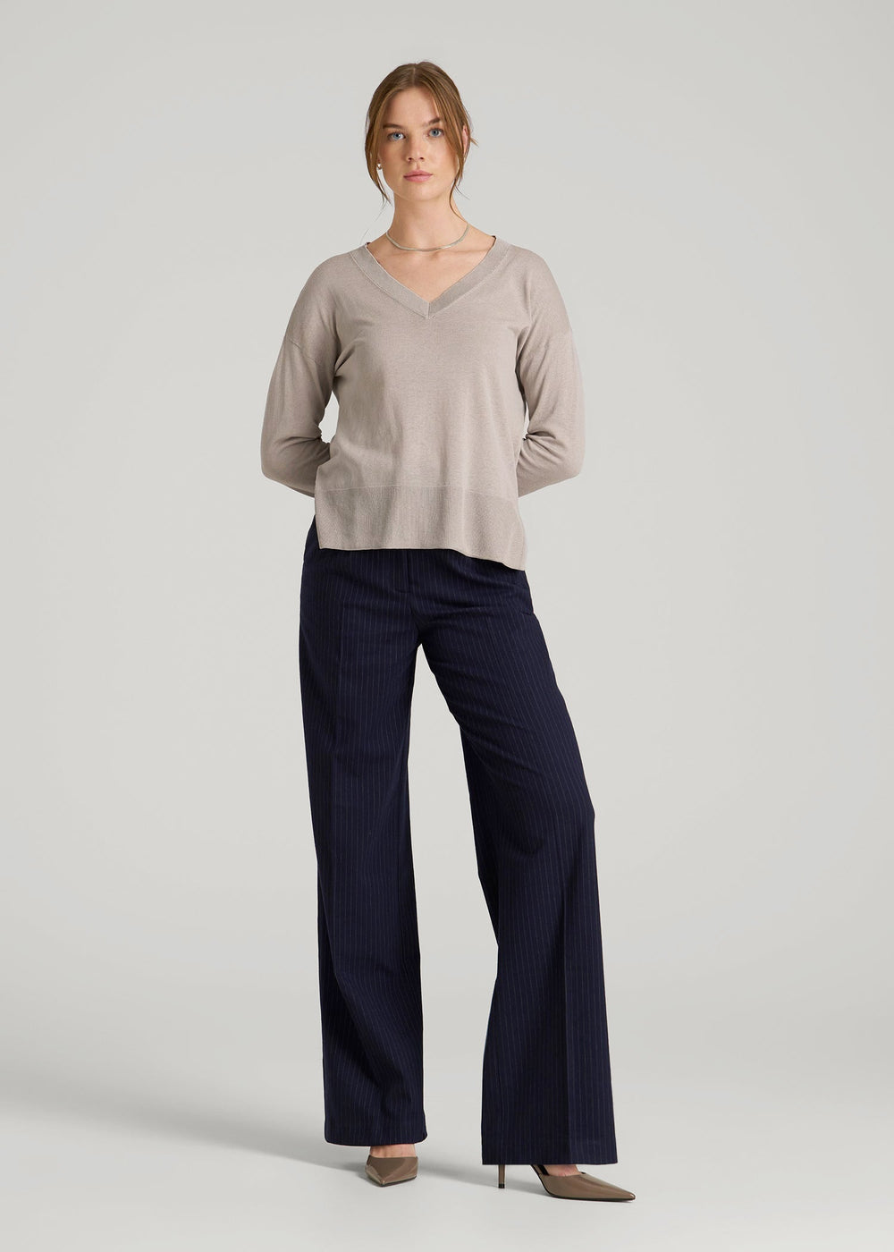 American Tall Online Shop | Linen Blend Split Hem V-Neck Sweater for Tall Women in Atmosphere