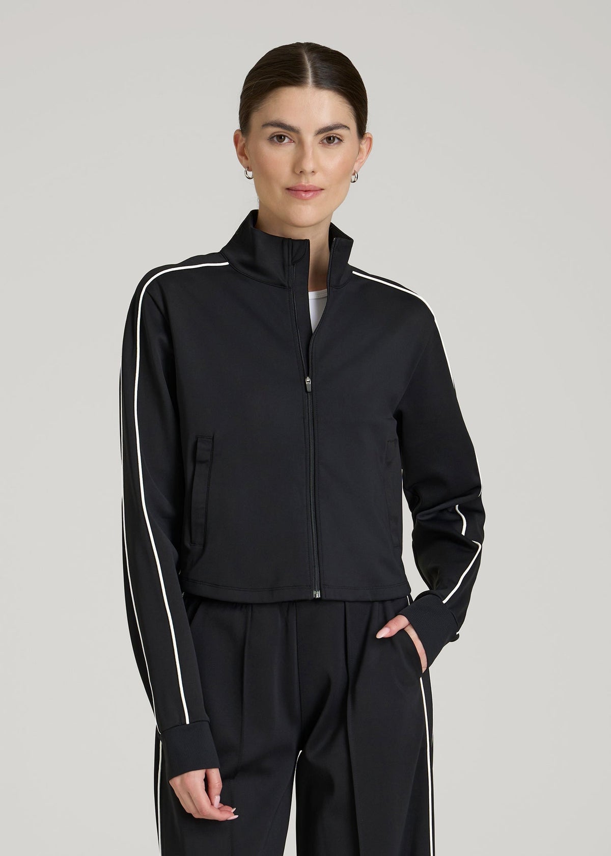 American Tall Discount | Cropped Track Jacket with Piping for Tall Women in Black