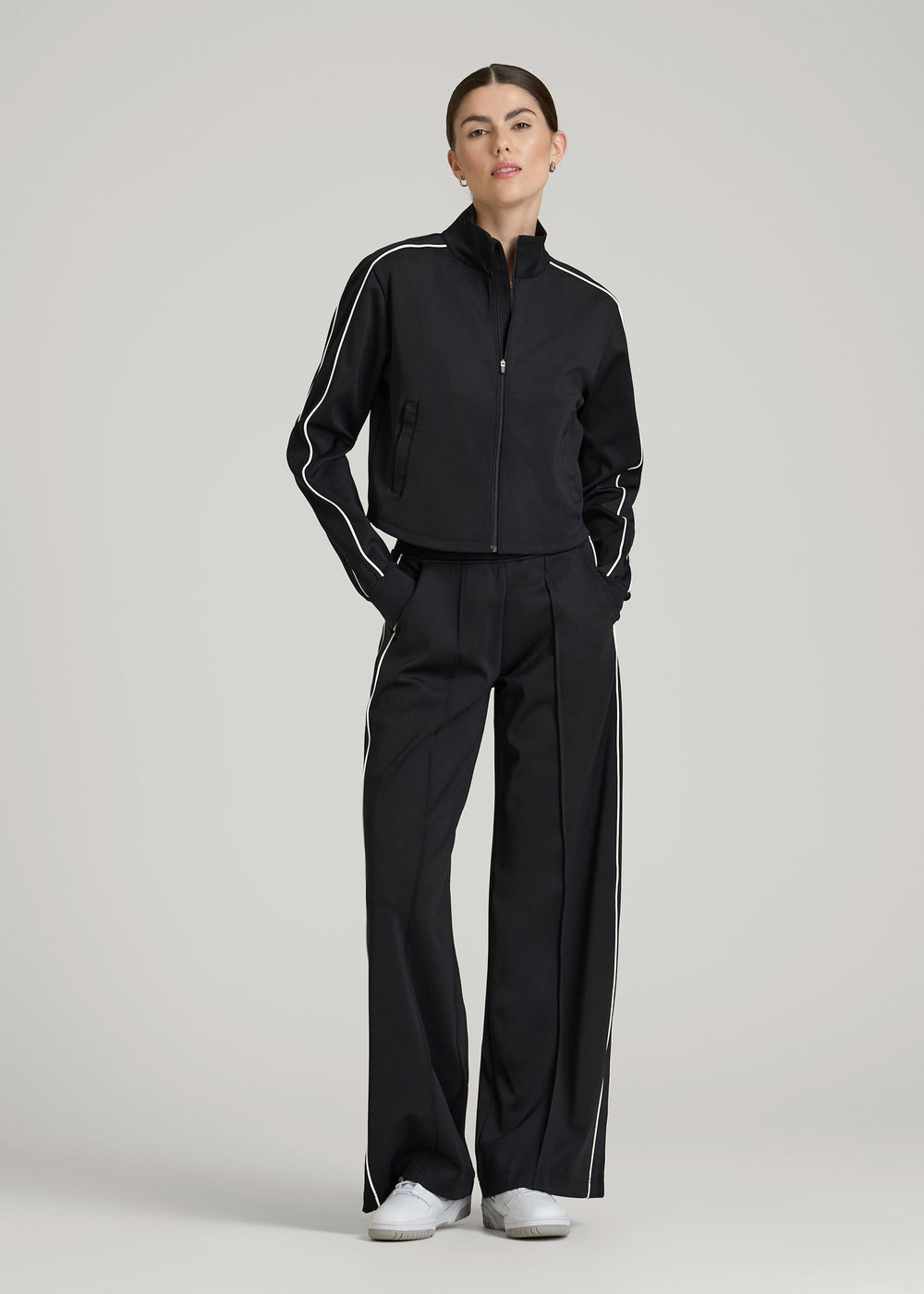American Tall Discount | Cropped Track Jacket with Piping for Tall Women in Black