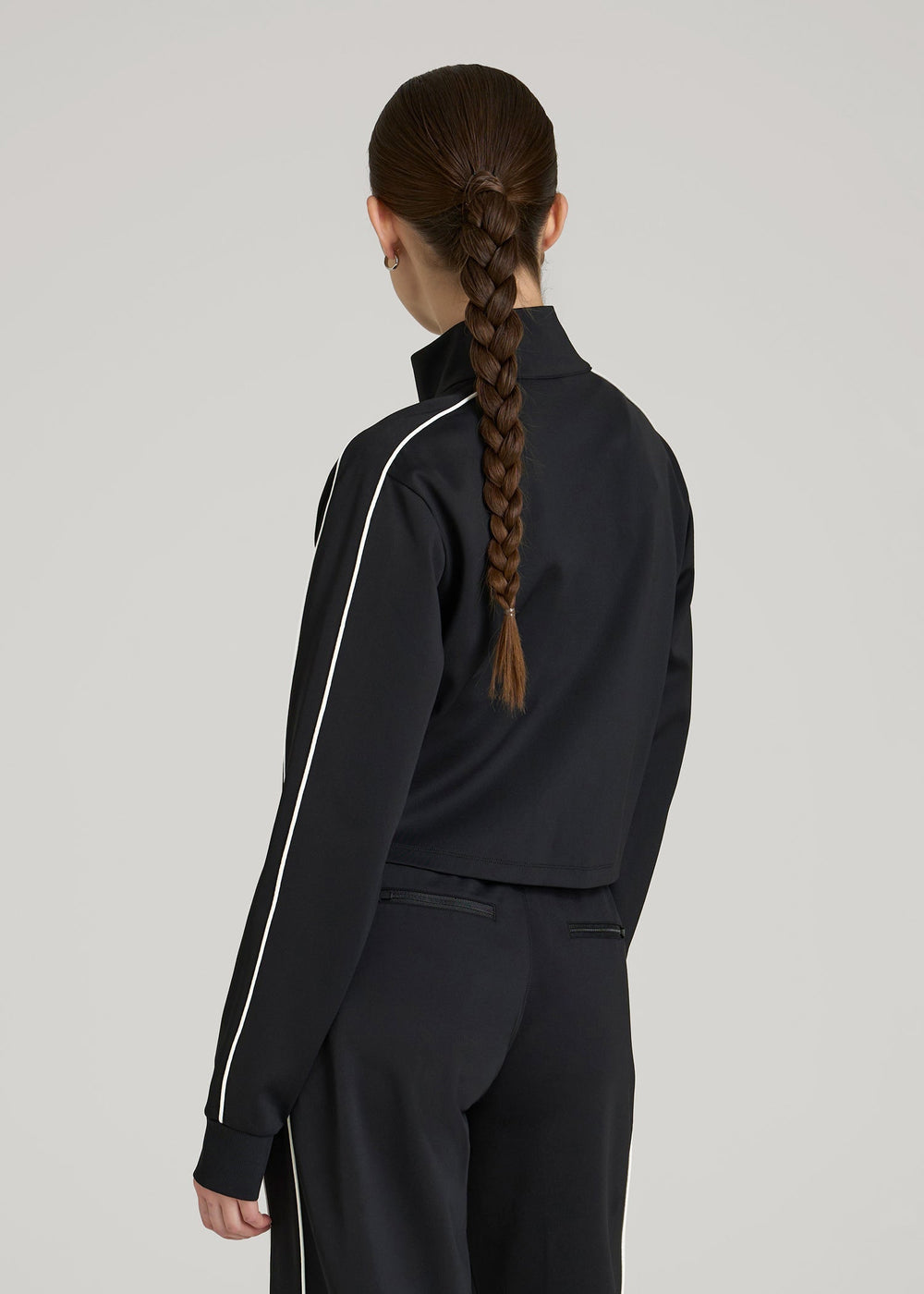 American Tall Discount | Cropped Track Jacket with Piping for Tall Women in Black