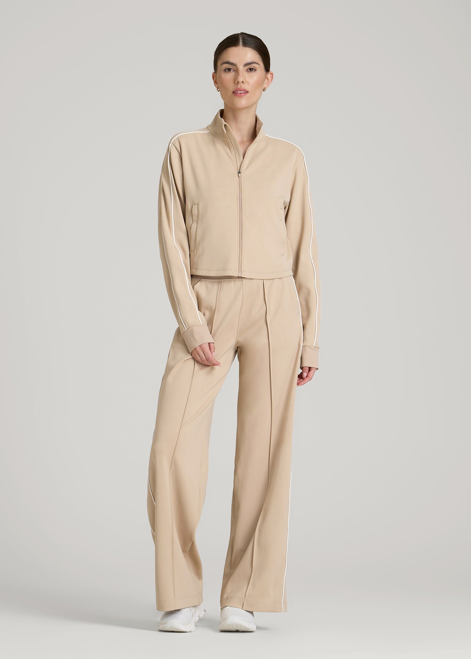 American Tall Online | Cropped Track Jacket with Piping for Tall Women in Clay